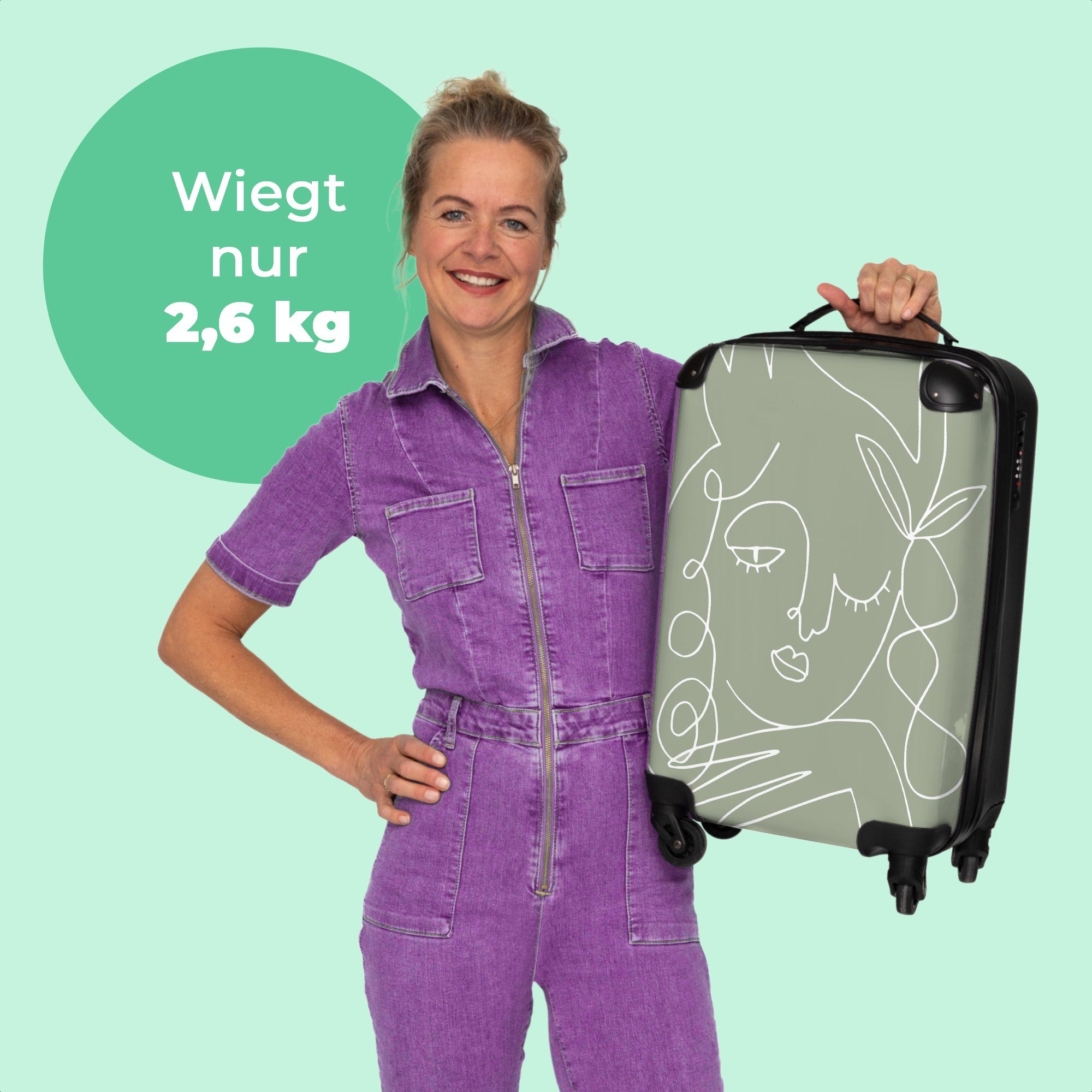 - Rollen, Kleine Grün Reisekoffer 4 - Haare Strichzeichnung, 55x35x20cm Handgepäck Trolley Rollen Cabin mit Handgepäckkoffer 4 Frau - Rollkoffer Vogel - - NoBoringSuitcases.com©