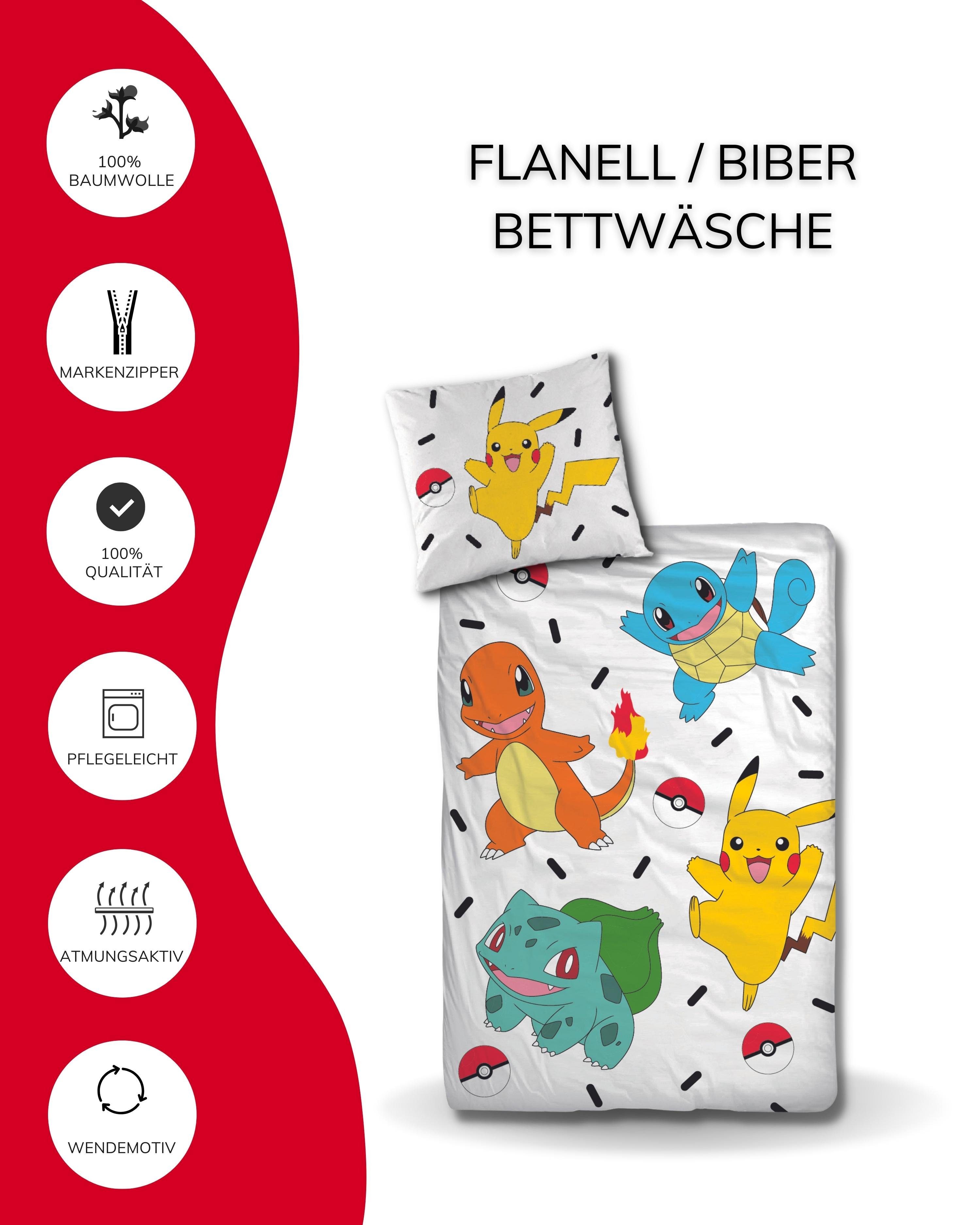 MTOnlinehandel Bettwäsche Pokémon 135x200 + 80x80 cm, 100 % Baumwolle Biber oder Renforcé, Flanell, 2 teilig, Pikachu & Friends Game für Kinder, Teenager, Jugen – Bild 3 von 5