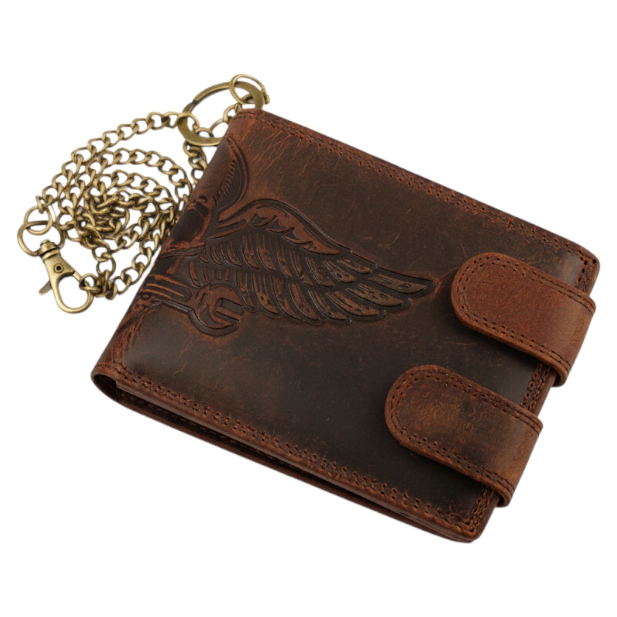 MDM Geldbörse Biker Leder Geldbörse mit Kette – Totenkopf-Prägung, RFID-Schutz