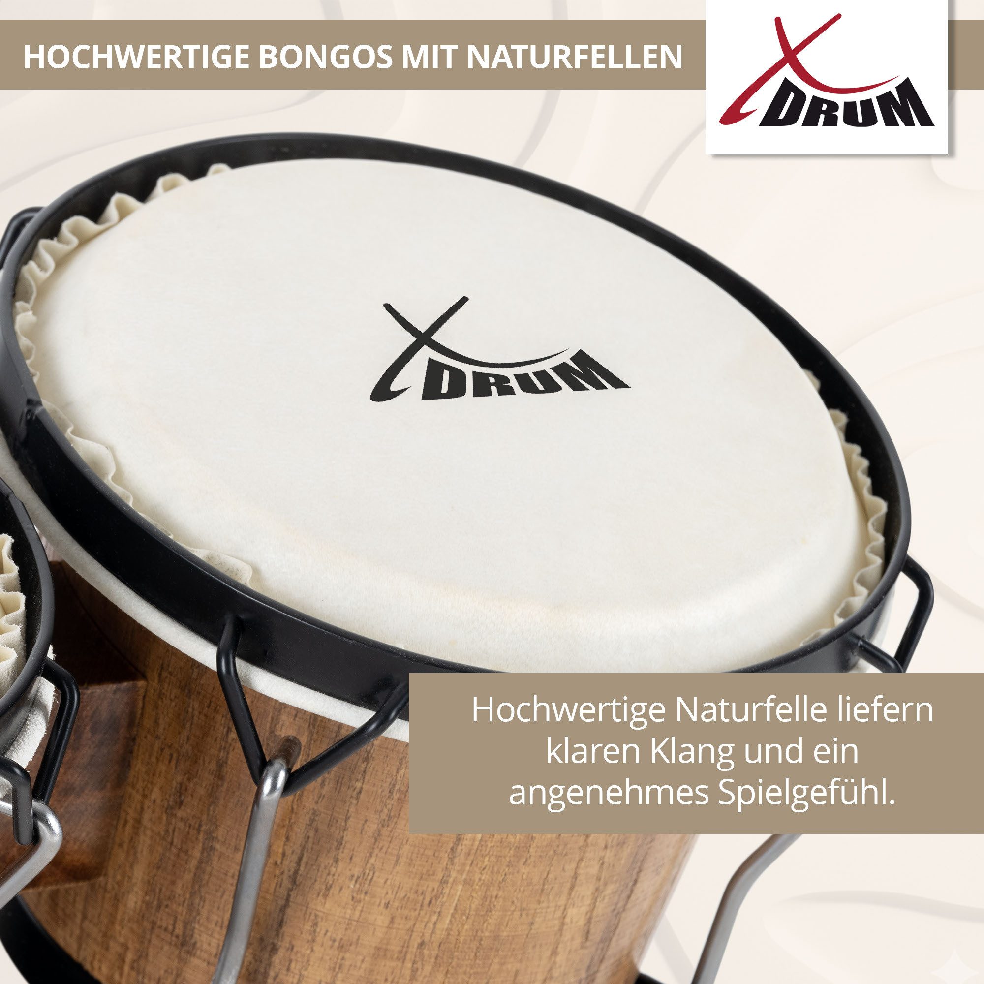 XDrum Bongo Bongos Club - 6" Macho und 7" Hembra, inkl. Stimmschlüssel, mit Naturfellen und professionellem Stimmsystem – Bild 2 von 5