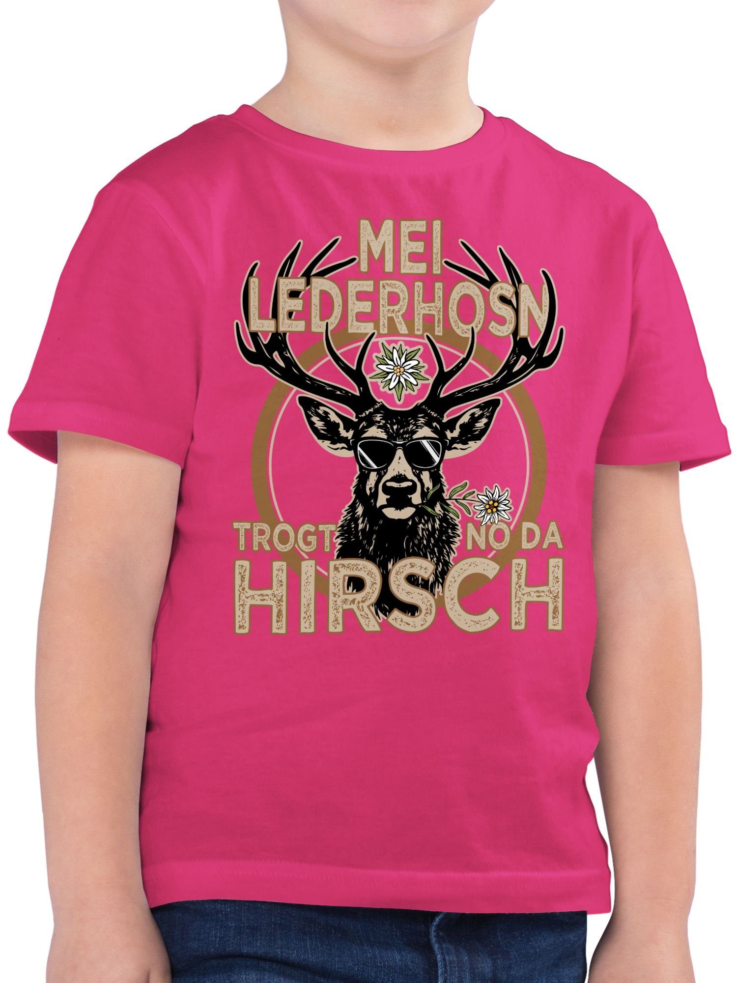 Shirtracer T-Shirt Trachten Outfit Lederhose Spruch Trägt der Hirsch Mode für Oktoberfest Kinder Outfit 03 Fuchsia