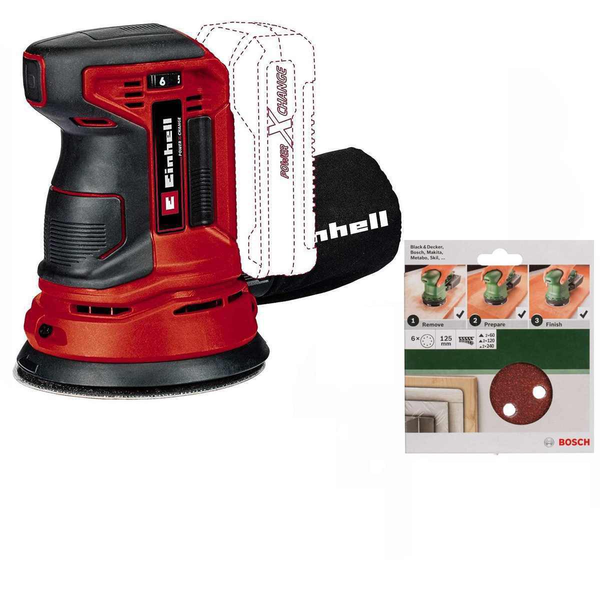 Einhell Akku-Exzenterschleifer Орбитальная шлифовальная машина TE-RS 18 Li-Solo 18V + Bosch 6tlg Schleifblattset