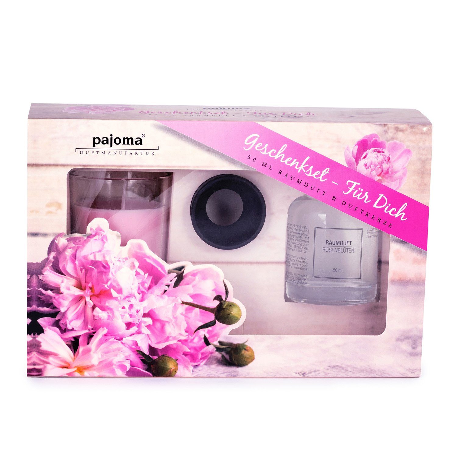 pajoma® Raumduft Pajoma Wellnes Geschenkset, 50ml Raumduft + 45g Duftkerze Rosenblüte