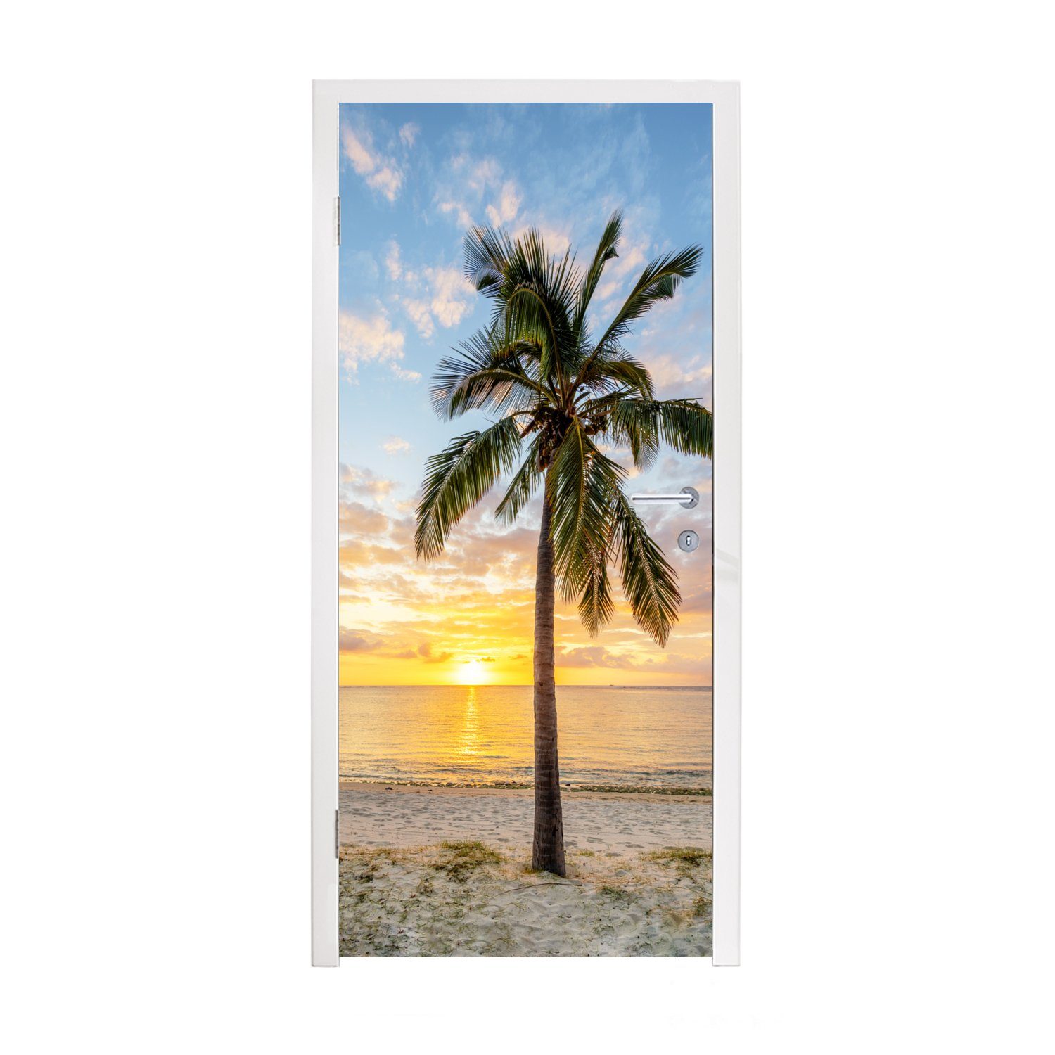 MuchoWow Türtapete Strand - Palme 75x205 bedruckt, cm - Türaufkleber, Matt, Tür, für (1 St), Fototapete Sonnenuntergang