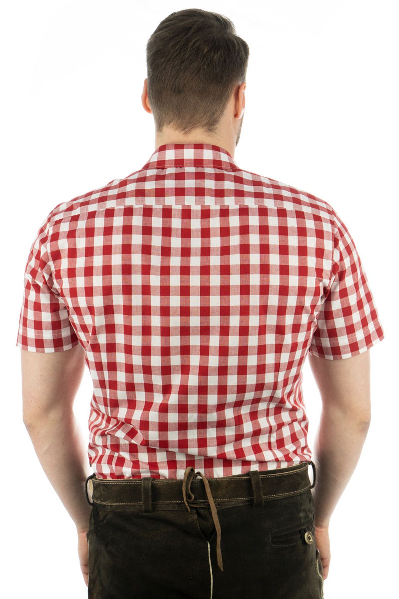 OS-Trachten Trachtenhemd Iluvu Hirsch-Stickerei Kurzarmhemd Brusttasche mit mittelrot mit aufgesetzter