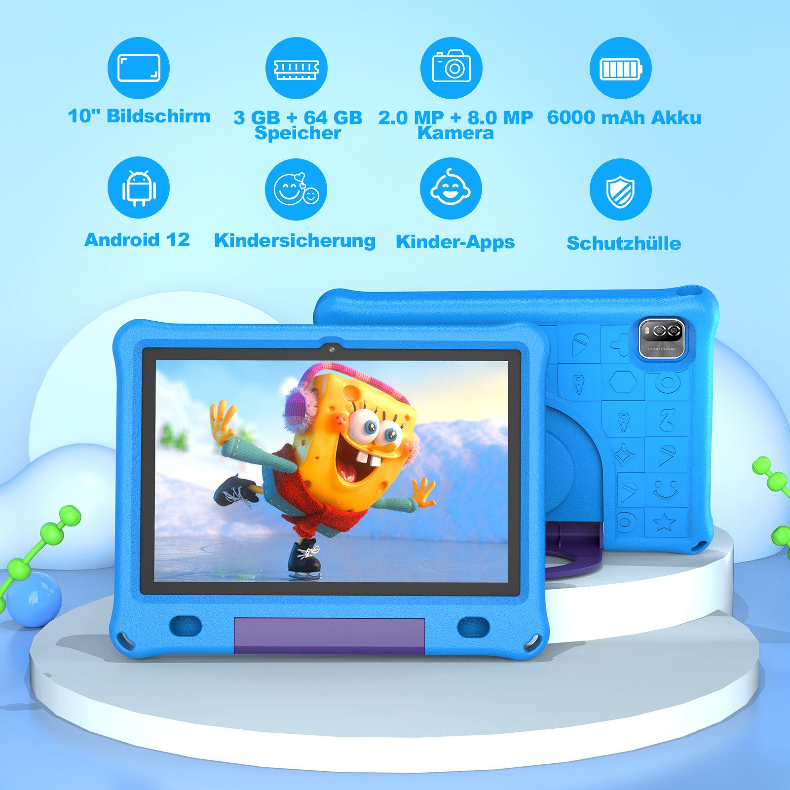 PRITOM 10 zoll Android tablet,12GB ROM+64GB RAM kinder learn-tablet Tablet (10.1 Zoll Tablet", (6000mAh,HD IPS 1280x800,5G wifi,Elterliche Kontrolle)