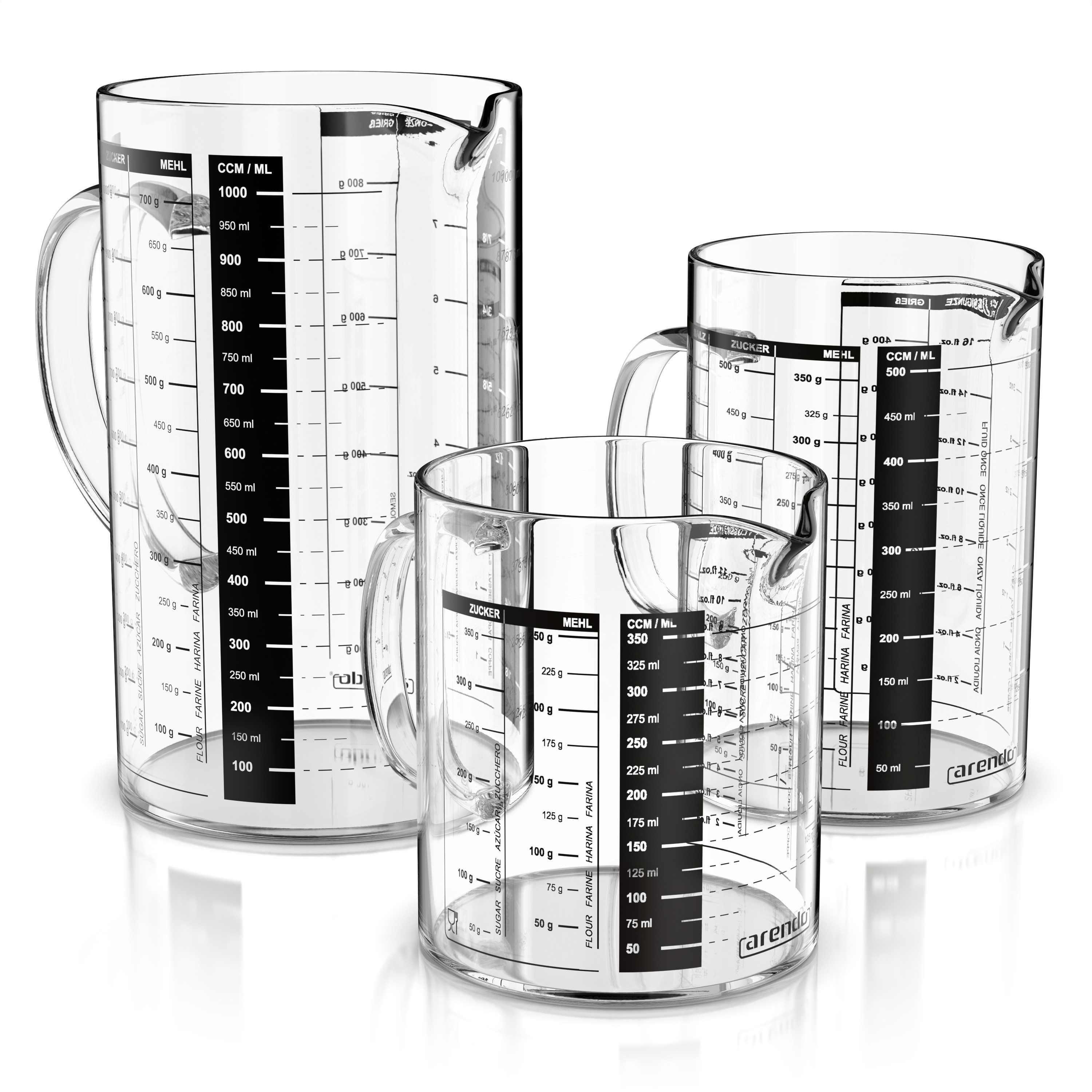 Arendo Messbecher 350ml, 500ml & 1000ml Glas Messkrug Set, Borosilikat, Ausguss & Henkel, Glas, (Set, 3-St., 3x Rührbecher: 0,35 L / 0,5 L / 1 L), Küchenbehälter mikrowellengeeignet für Mehl Zucker Gewürze Süßigkeiten