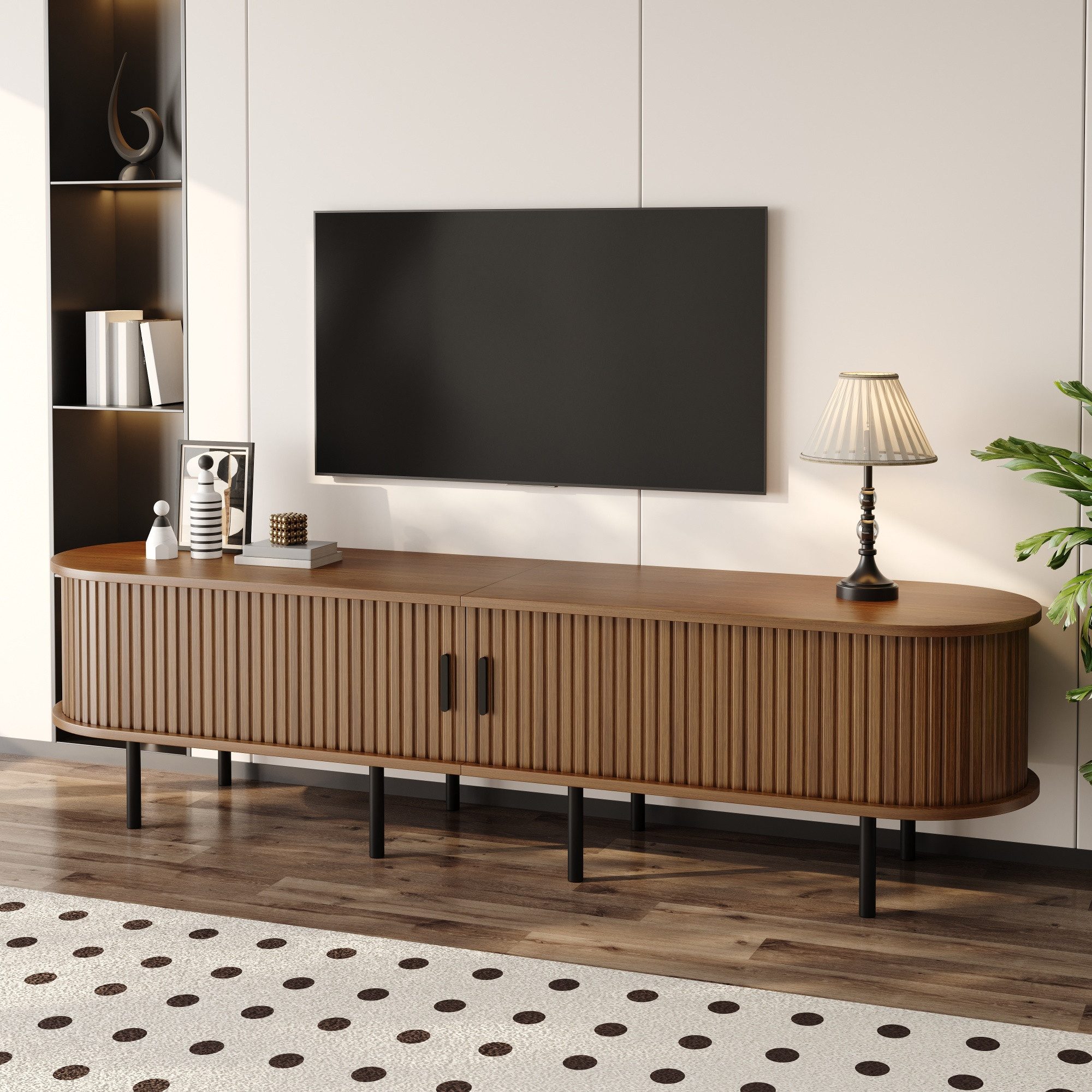 STILVORA Lowboard Moderner TV-Schrank Wohnzimmerschrank mit Schiebetüren (Geriffelter elliptischer TV-Schrank, 2 offene Fächer, Mid-Century-Style, Wohnzimmer-Medienkommode, MDF, Metallfüße, abgerundete Ecken, stabil), Retro-modern, große Tischplatte, robust, pflegeleichte Oberfläche