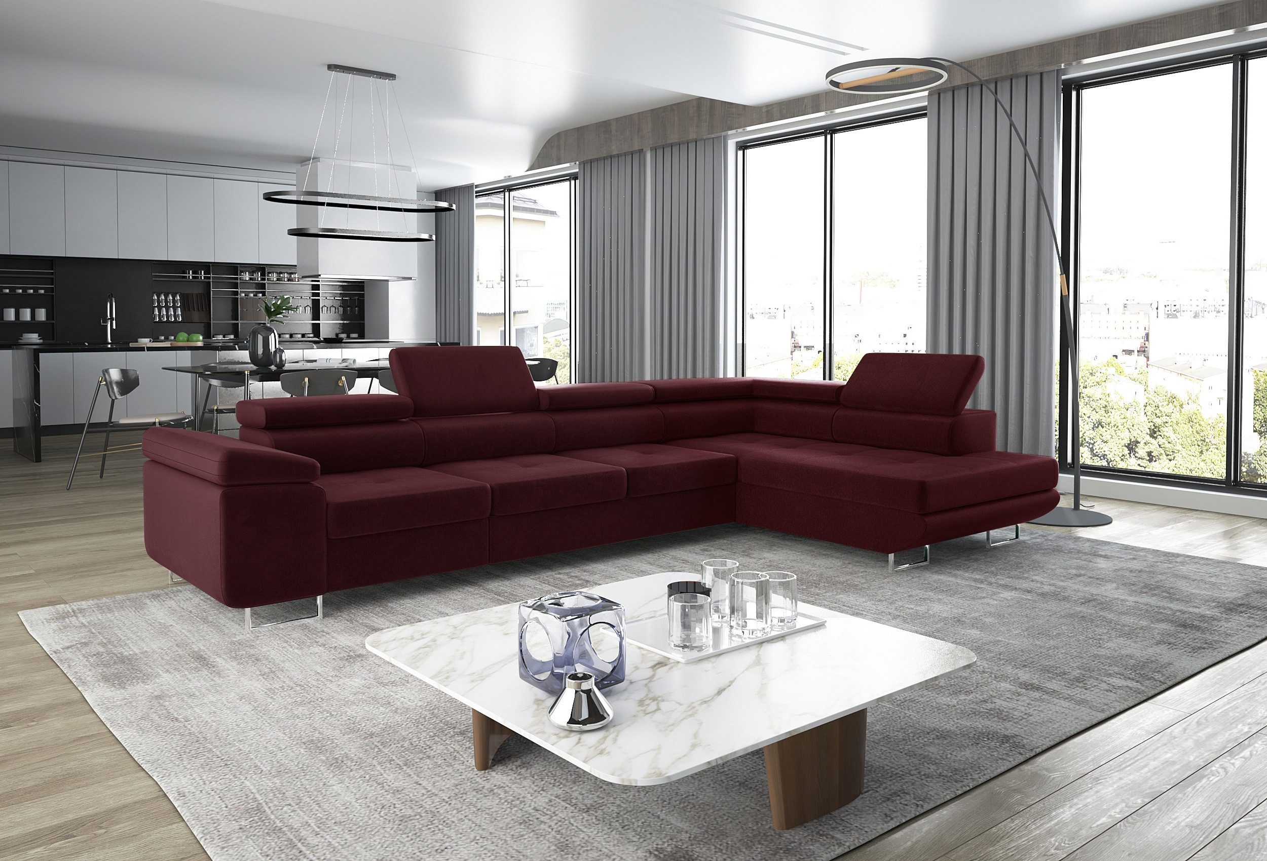 thematys Ecksofa ASTON LONG 355 x 204cm mit Schlaffunktion & Bettkasten – L-Sofa, mit 4 verstellbaren Kopfstützen, Cord (Poso) oder Samt (Monolith), - XXL Wohnlandschaft im modernen Design