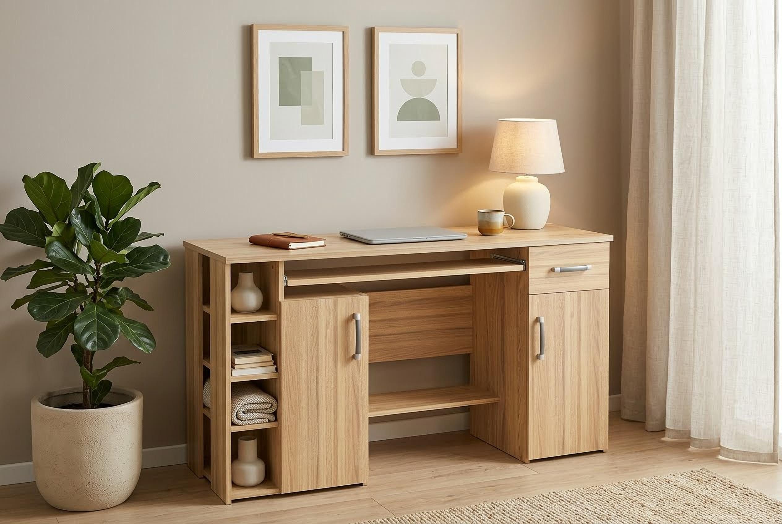VOGL Möbelfabrik Schreibtisch Tim mit seitlich offenen Fächern & Tastaturauszug, Druckerablage, 1 Schublade, Breite 138 cm, Made in Germany