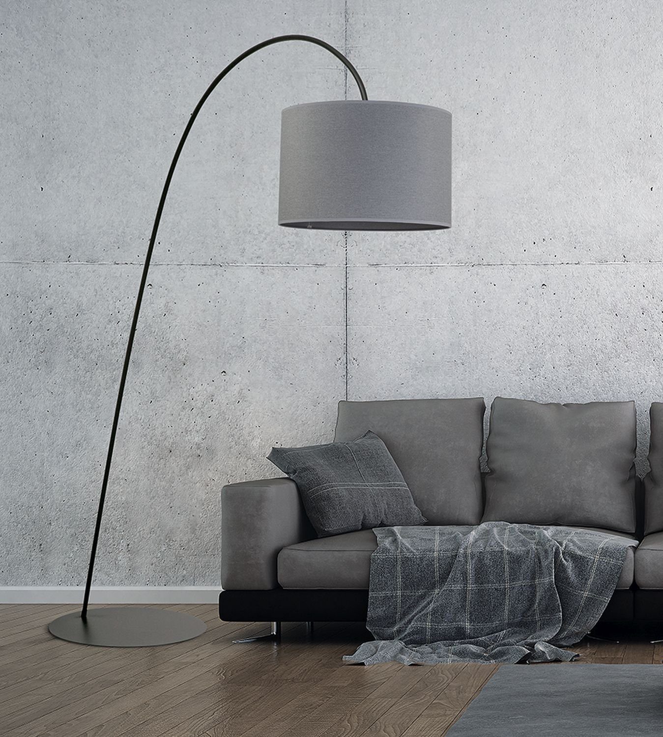 Loft Leuchtmittel, ALICE, Licht-Erlebnisse Stoffschirm Stehleuchte Grau Wohnzimmer Lampe Vintage Stehlampe Modere ohne