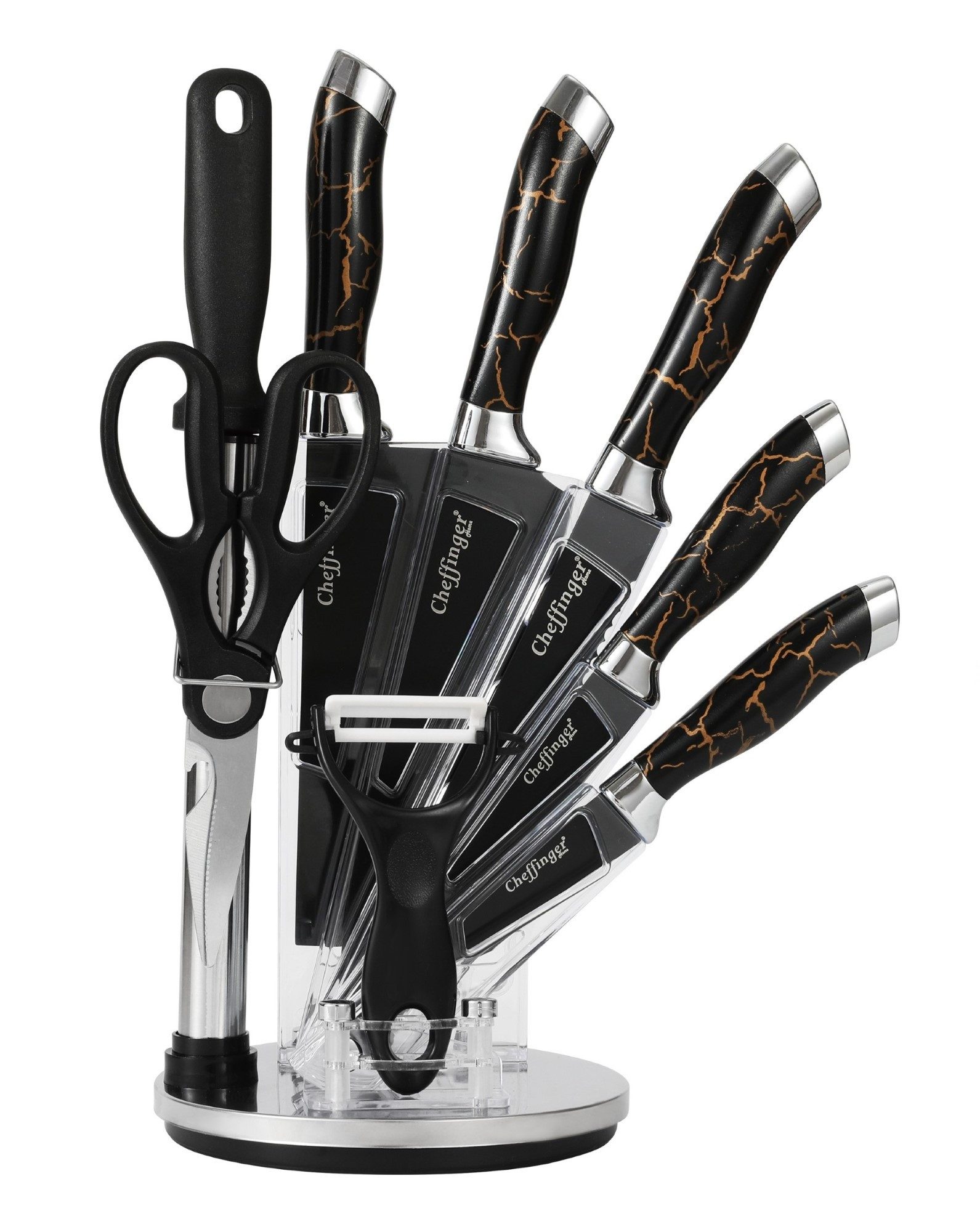 Cheffinger Messer-Set 9 tlg Messerständer drehbar Edelstahl Messer Marmordesign