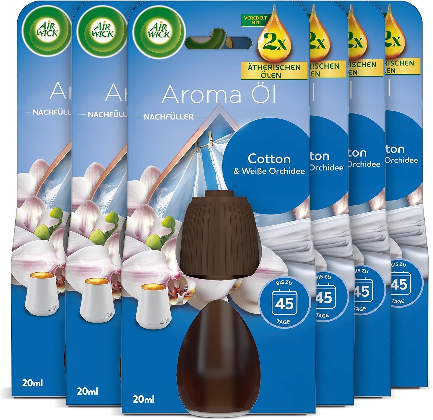Air Wick Raumduft-Nachfüllflasche Aroma-Öl Nachfüller Cotton & Weiße Orchidee, 6 x 20 ml für Diffuser (6-St), Lufterfrischer