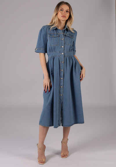 YC Fashion & Style Jeanskleid Jeans-Midikleid mit elastischer Taille und Knopfleiste Basic, Boho, Hippie, in angesagtem Design, mit V-Ausschnitt, mit Volant