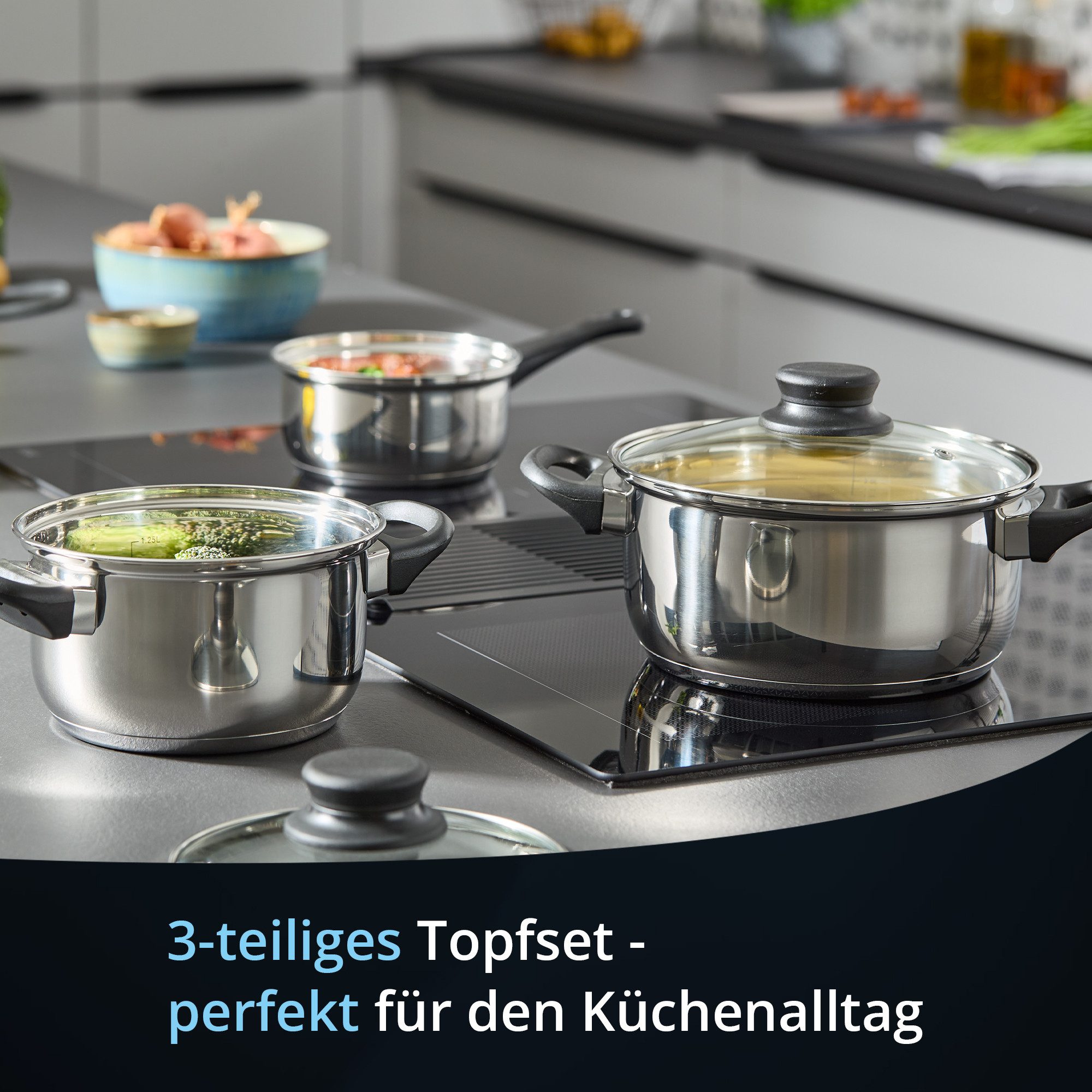 KHG Topf-Set mit Glasdeckeln, für alle Herdarten inklusive Induktion, Edelstahl (5-tlg), Unbeschichtet, Dampfloch im Deckel, Innenskala, spülmaschinenfest