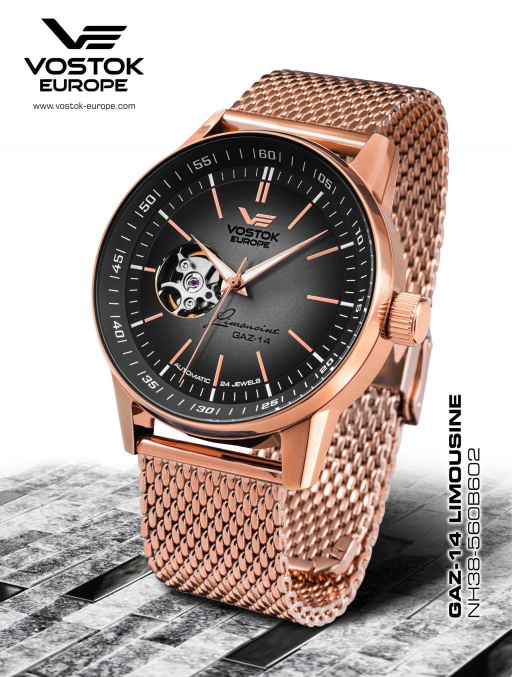 Vostok Europe Automatikuhr GAZ14 Limousine Herrenuhr – Milanaiseband, 43 mm, 560B602-B