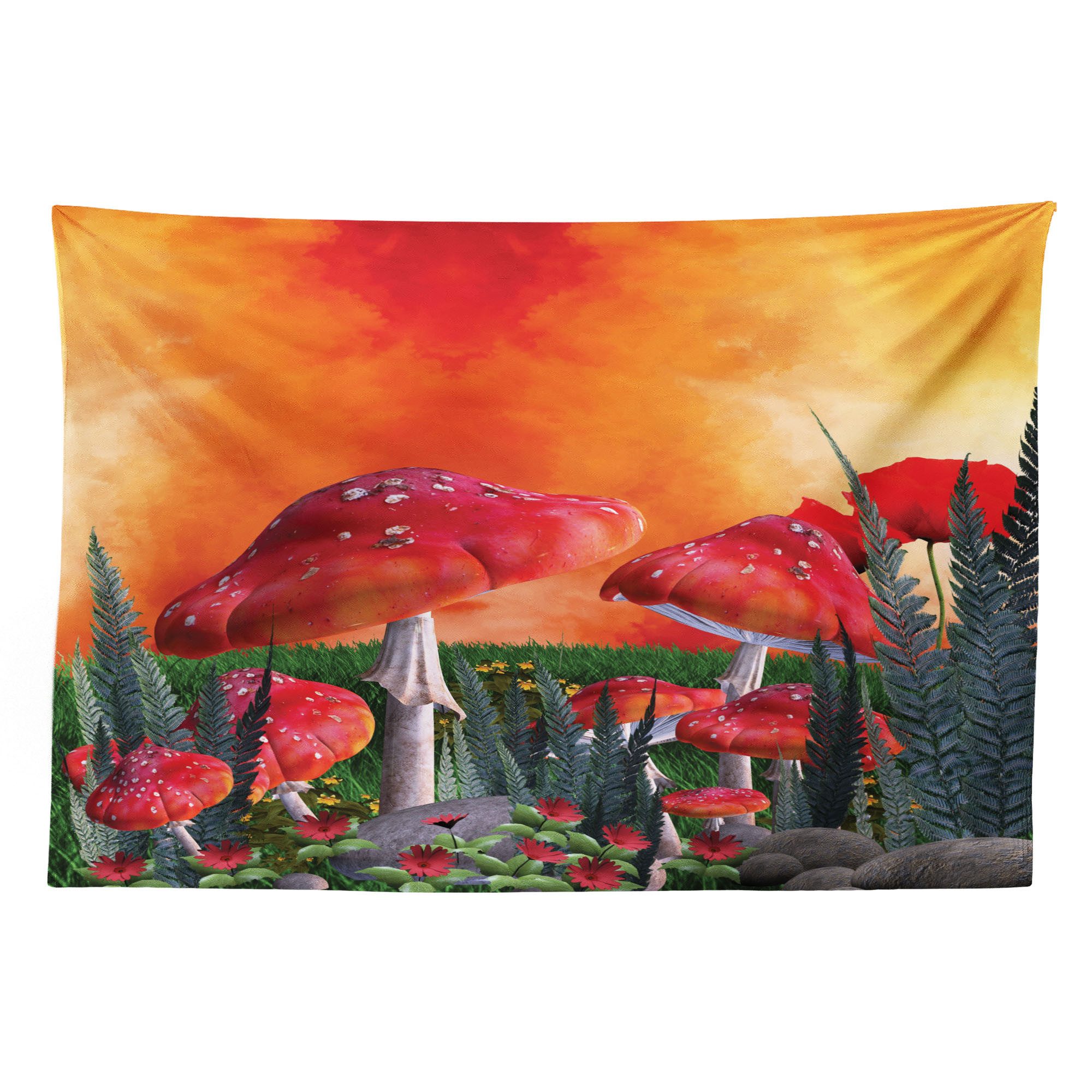 Abakuhaus Wandteppich aus Weiches Mikrofaser Stoff Für das Wohn und Schlafzimmer, rechteckig, Pilz Wolken Blätter Mohnblumen