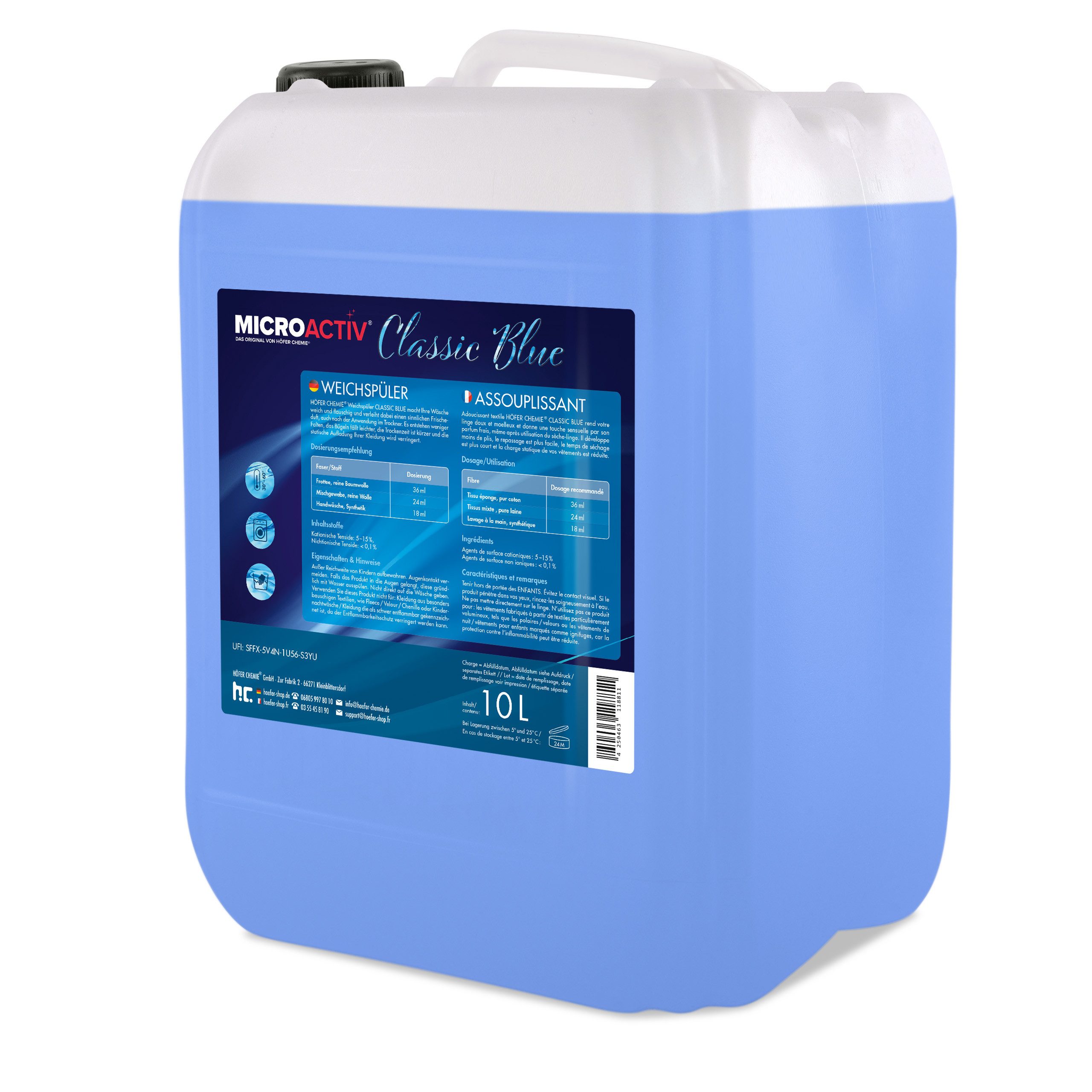 Höfer Chemie GmbH 10 L Microactiv® Weichspüler Classic Blue Grundreiniger (Weiche Wäsche mit frischem Duft)