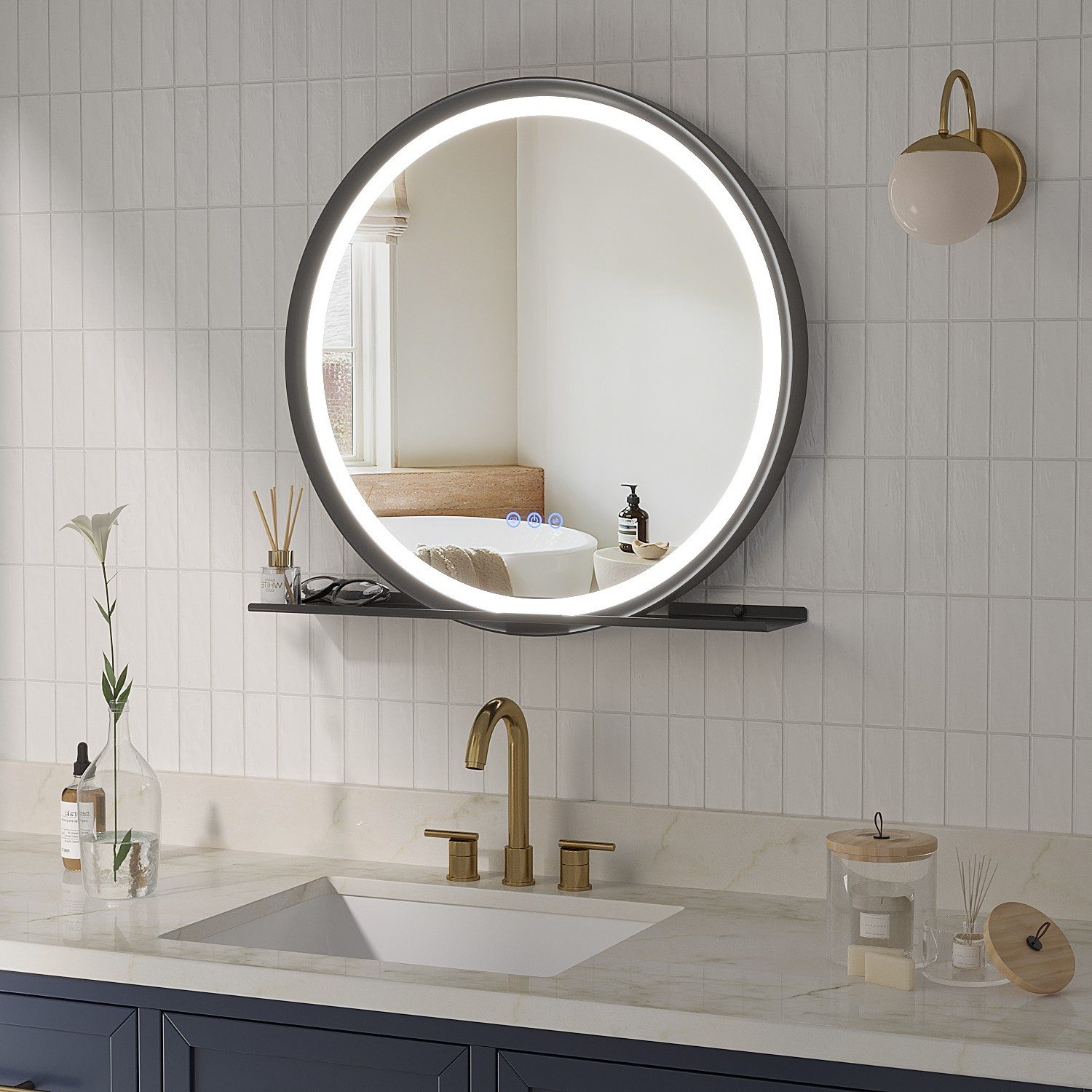 AQUABATOS Badspiegel Rund Badspiegel mit Beleuchtung Wandspiegel Lichtspiegel mit Ablage, 60 cm Badezimmerspiegel mit Rahmen,Beschlagfrei,3 Lichtfarbe,Dimmbar