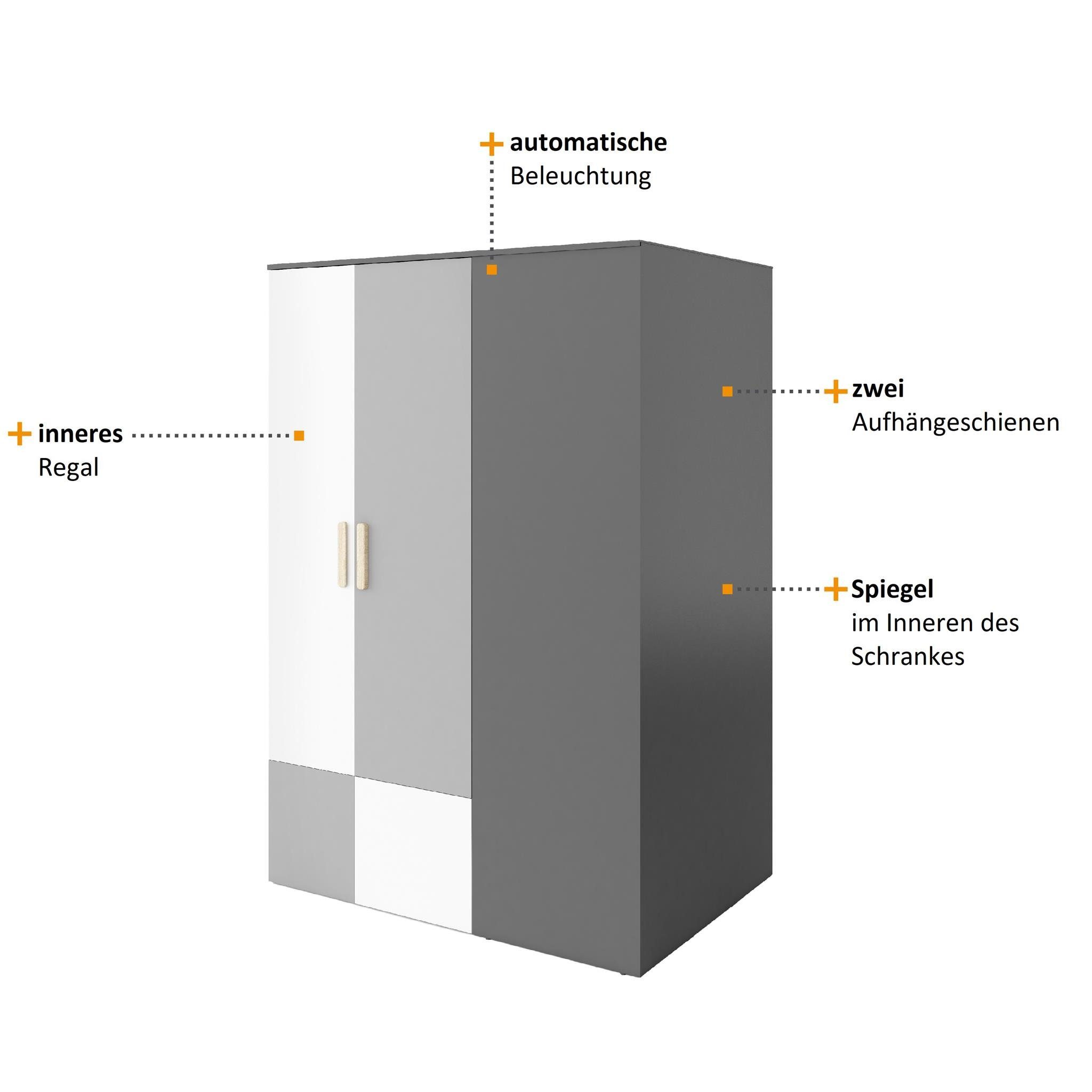Beautysofa Eckschrank Pok, 2 Kleiderstangen, LED, Garderobeschrank, Corner Schrank (2 Kleiderstangen, LED-Beleuchtung, Einlegeböden, Garderobeschrank mit Spiegel im Inneren, Jugendzimmerschrank, links oder rechts) Corner Schrank mit Drehtüren