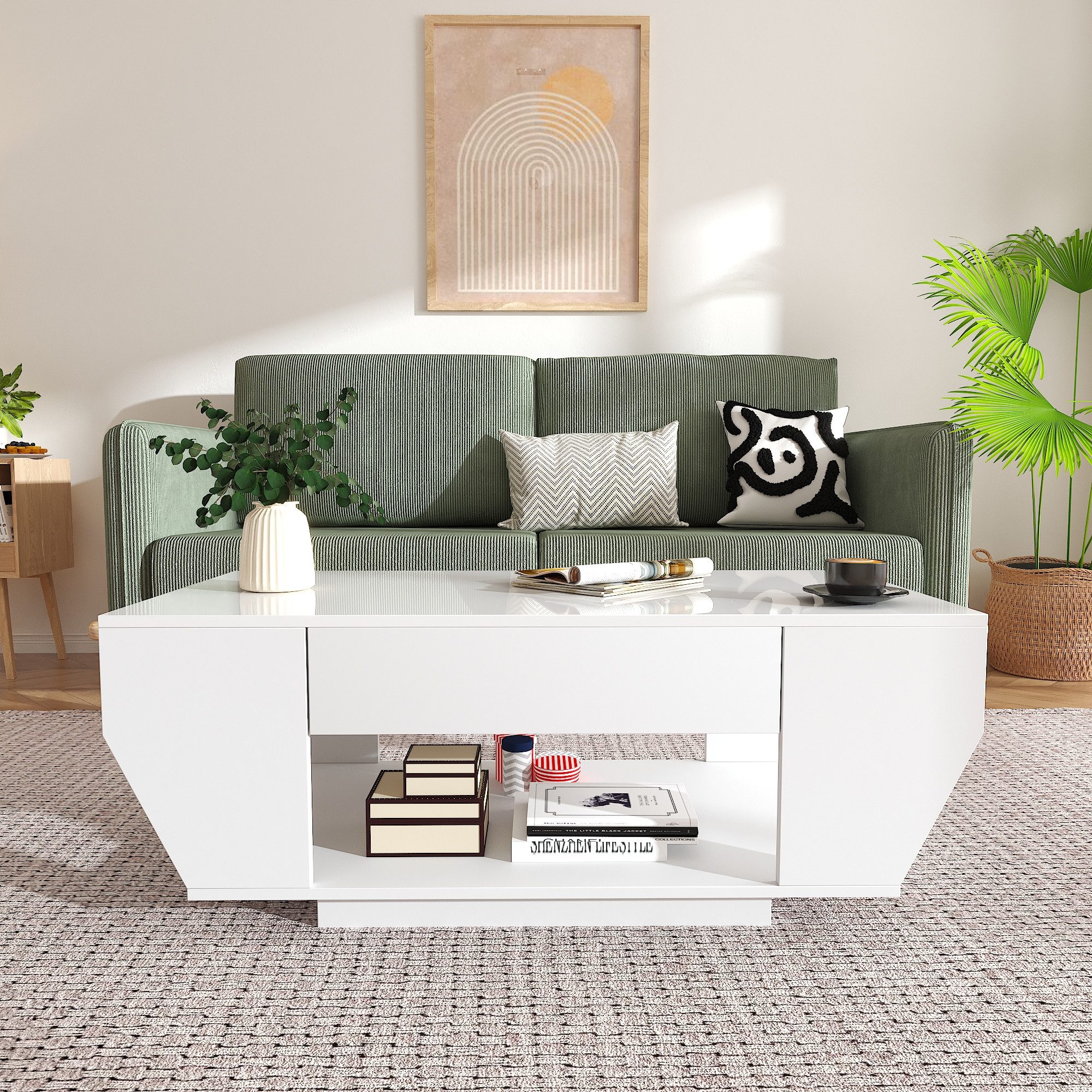 radelldar Couchtisch mit LED-Beleuchtung & 2 Schubladen, Hochglanz-Weiß/Schwarz (1-St), Boot-Form Design, Fernbedienung für dein Wohnzimmer – Bild 4 von 5