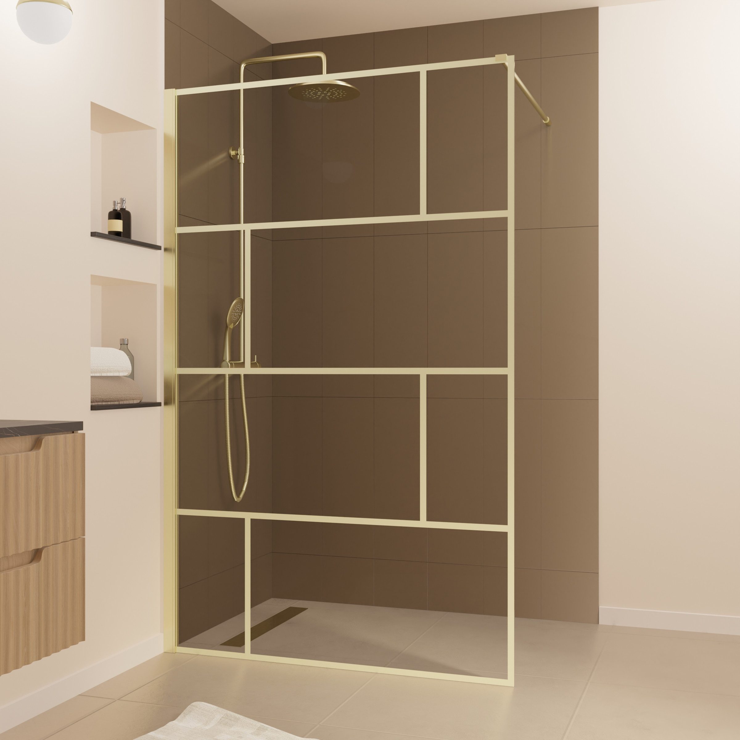 Marwell Walk-in-Dusche Bricks Gold, Einscheibensicherheitsglas, mit goldenen Siebdruck
