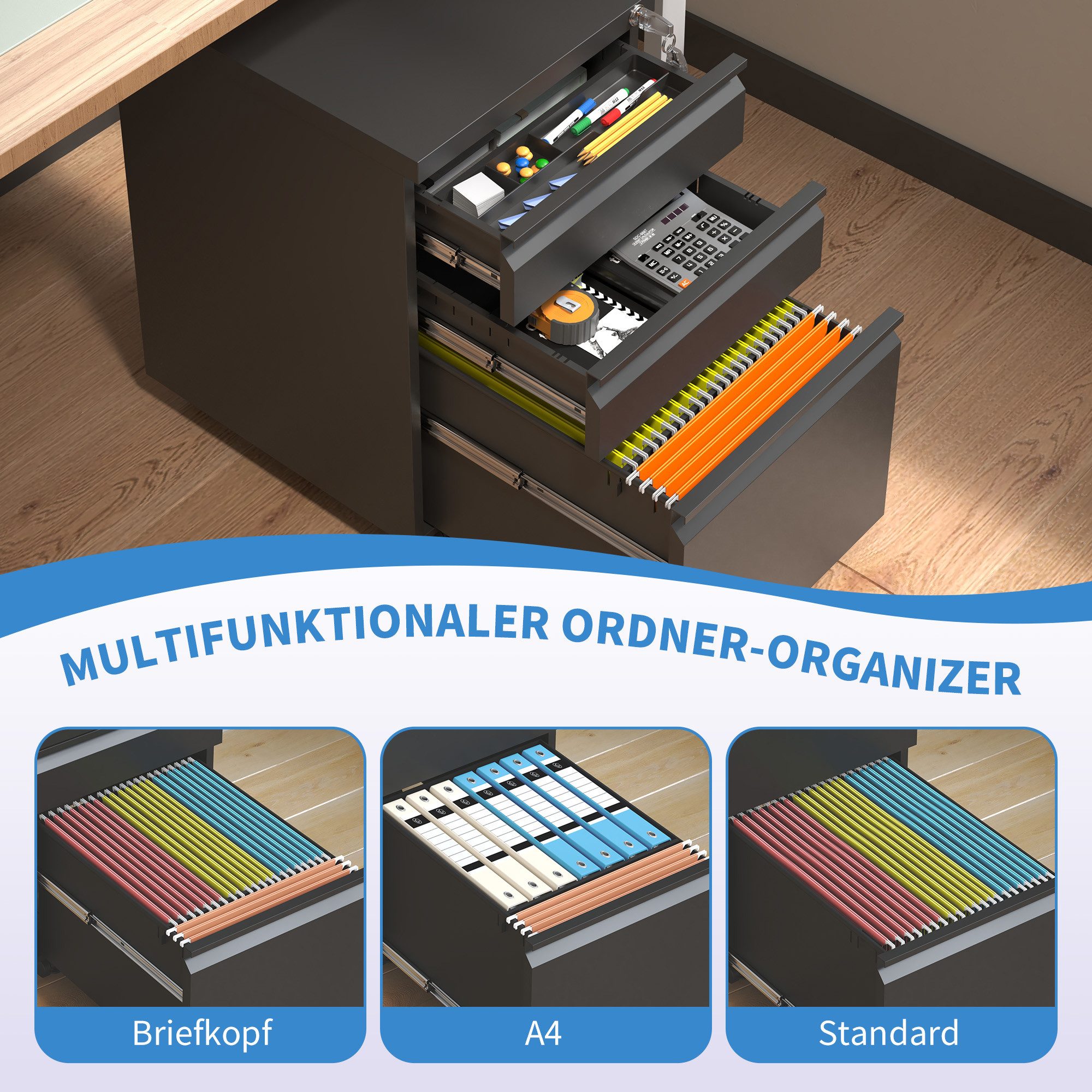 Odikalo Aktenschrank Aufbewahrung Rollcontainer Schloss Schubladen60×B37.3×T44 Schwarz/Weiß