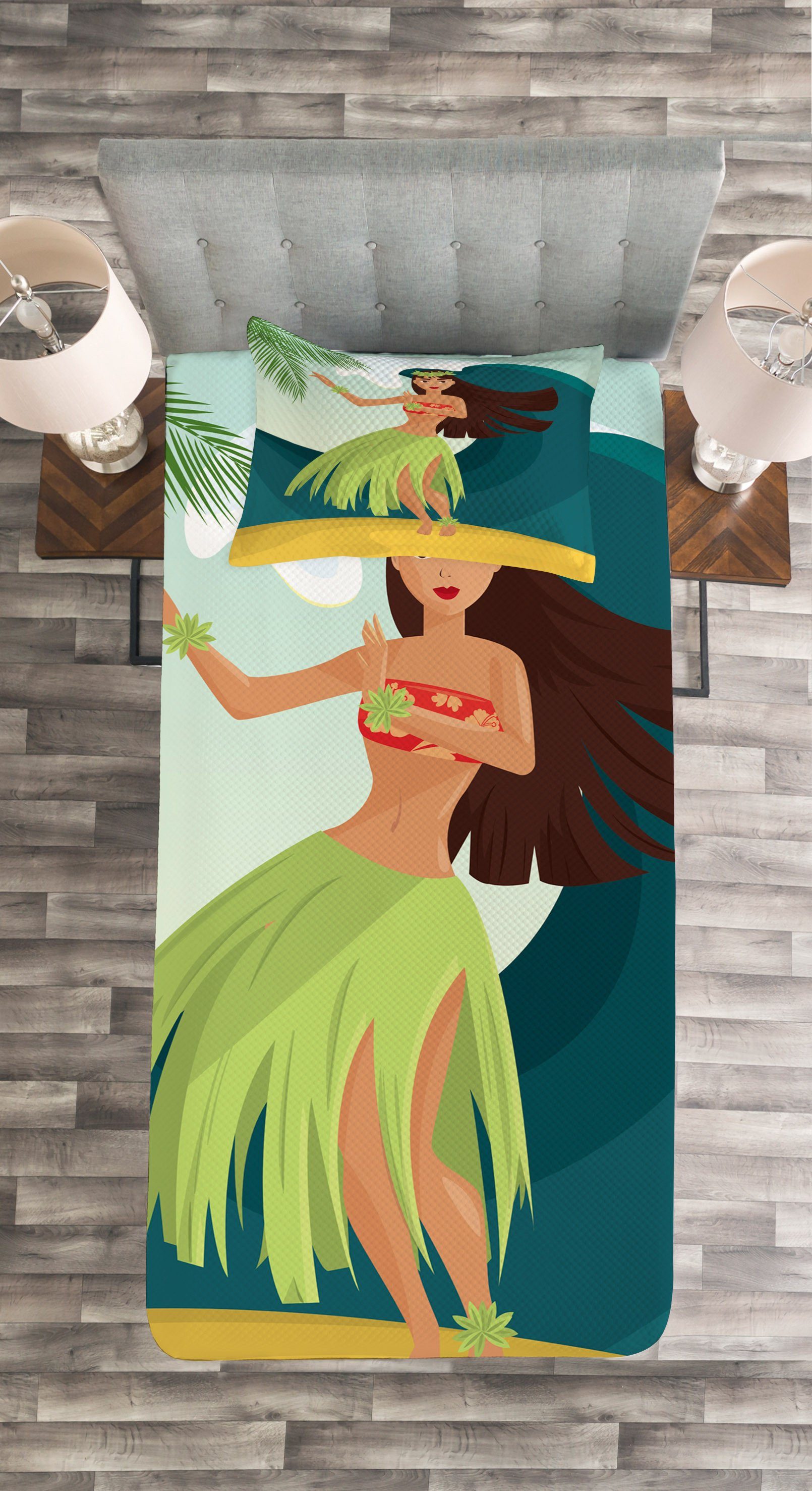 Set Abakuhaus, Waschbar, Kissenbezügen Mädchen Aloha Palmen Tagesdecke Sommer mit Hula
