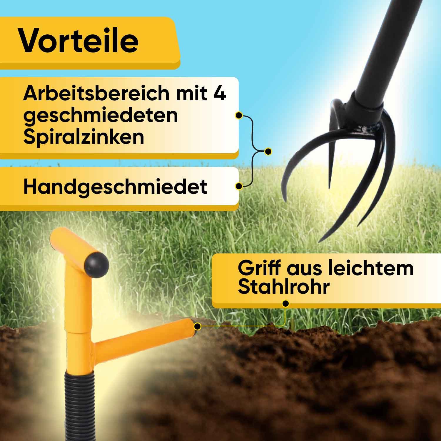 Tornadica Vertikutierer Gartenkralle T-Griff Unkrautentferner Kultivator, (Wurzelentferner mit Stiel Bodenlockerer Gartenfräse, Hand Umgraben Gerät Unkrautkralle Gardenclaw), Höhenverstellbar