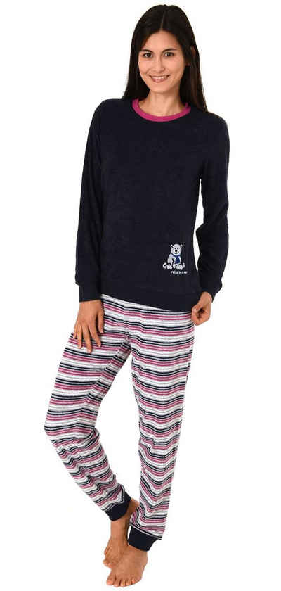 Normann Pyjama Damen Frottee Schlafanzug mit Bündchen und süsser Bär-Applikation
