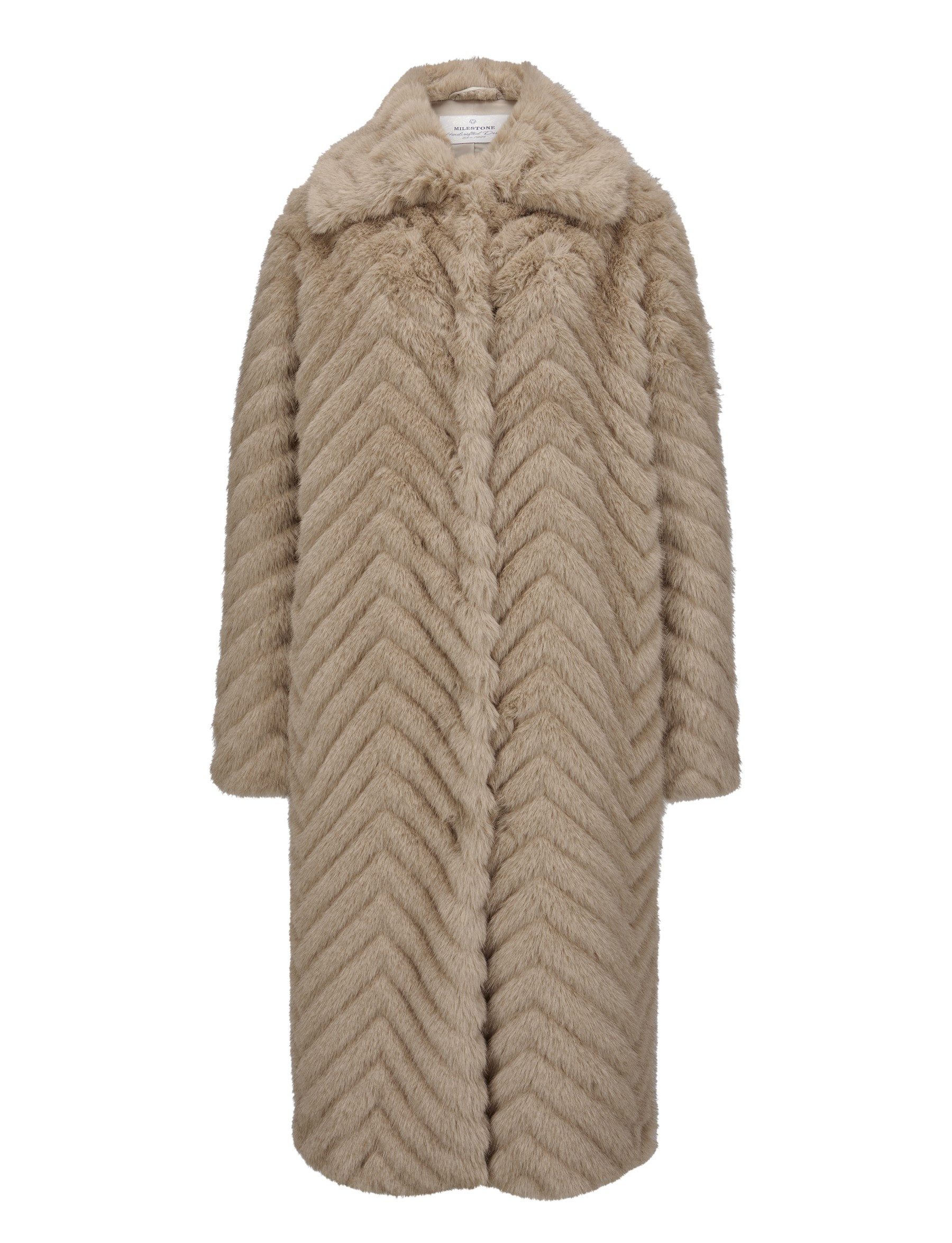 Milestone Fellimitatmantel MSAliya langer mondäner Fake Pelzmantel in geprägtem Zick-zack Muster