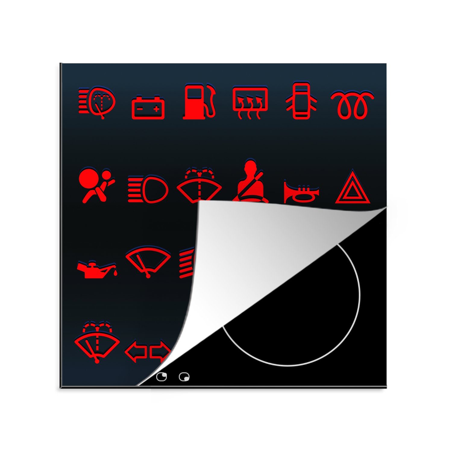 MuchoWow Herdblende-/Abdeckplatte Illustration der roten Symbole in einem Auto auf dem Armaturenbrett, Vinyl, (1 tlg), 78x78 cm, Ceranfeldabdeckung, Arbeitsplatte für küche