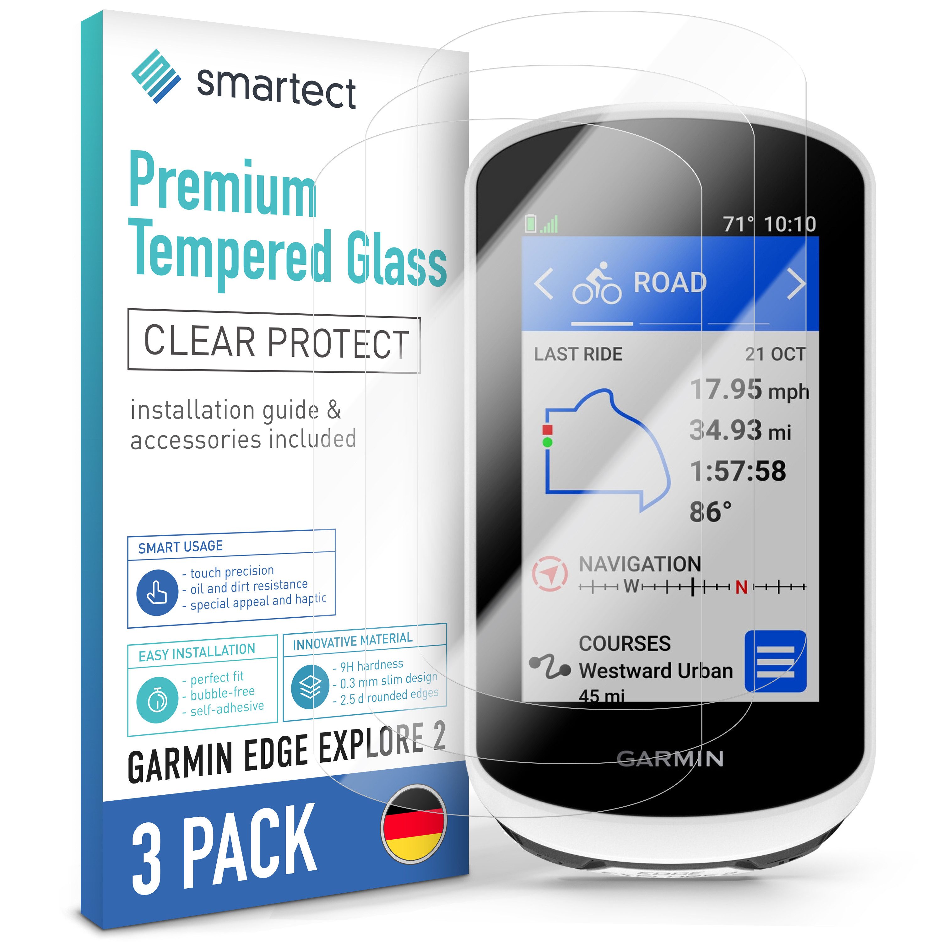 smartect Displayschutzglas Schutzglas Panzerfolie Klar für Garmin Edge Explore 2, Set, 3 Stück, Schutzfolie Glasschutz Bildschirm