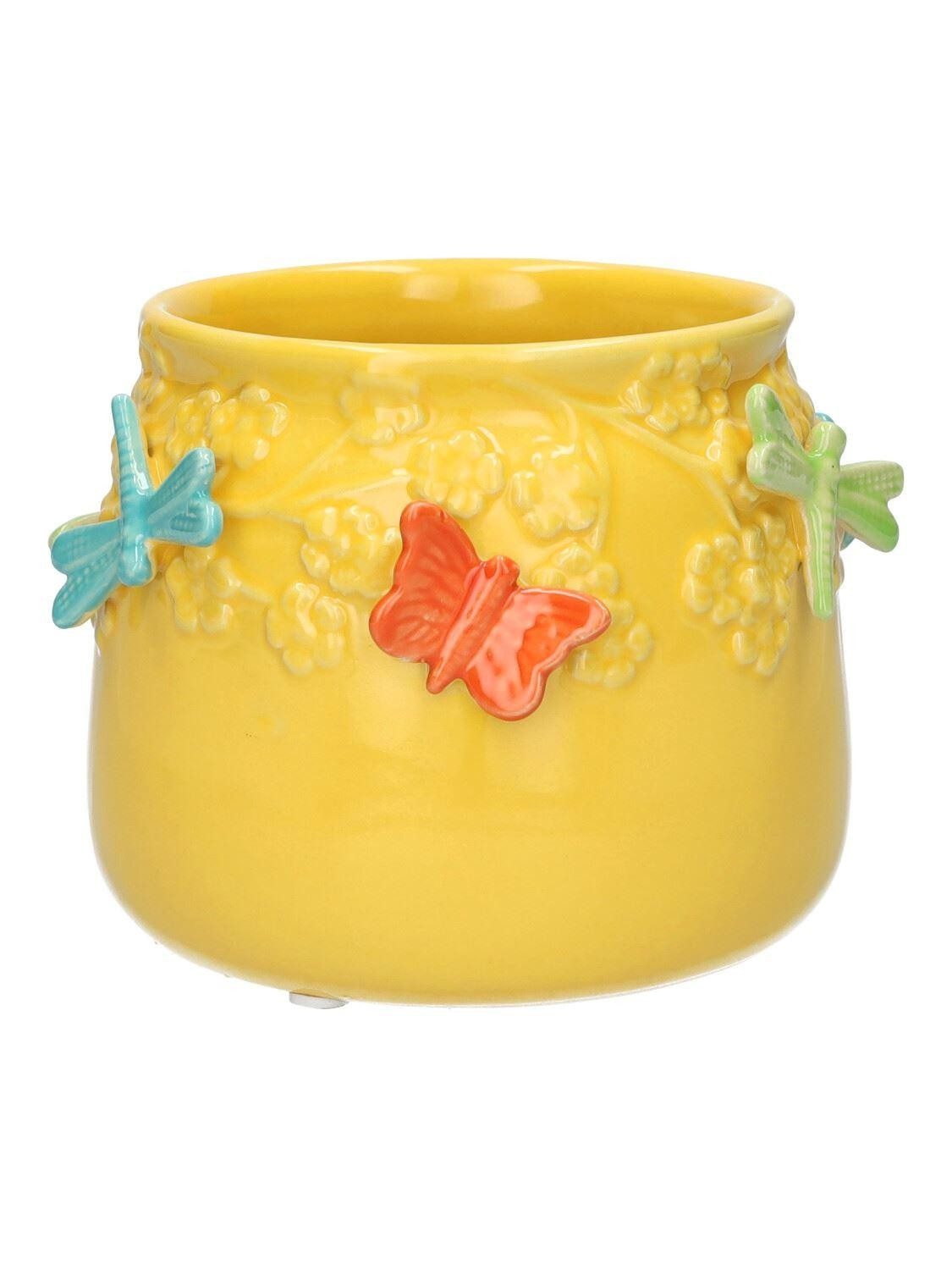 INNA-Glas Blumentopf KIMANA aus Keramik, 3D Schmetterlinge Libellen, gelb-orange-grü