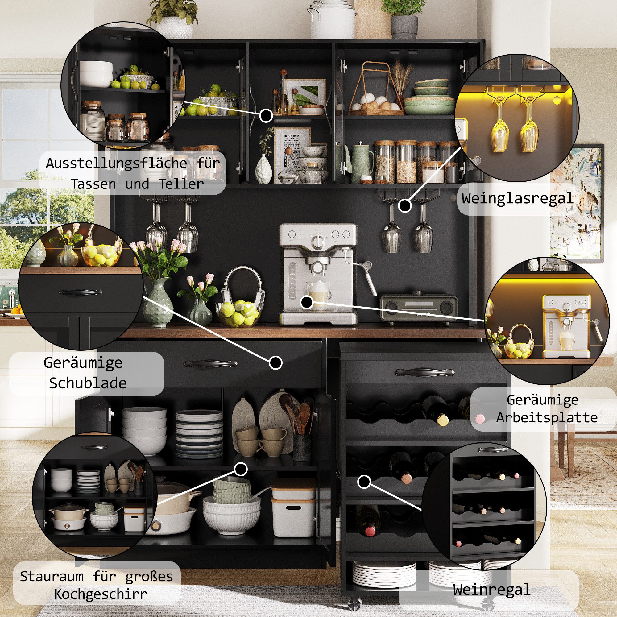 i@home Hochschrank Küchenschrank 140cm, mit Rollwagen, LED-Beleuchtung, Weinglasregal & Weinregal