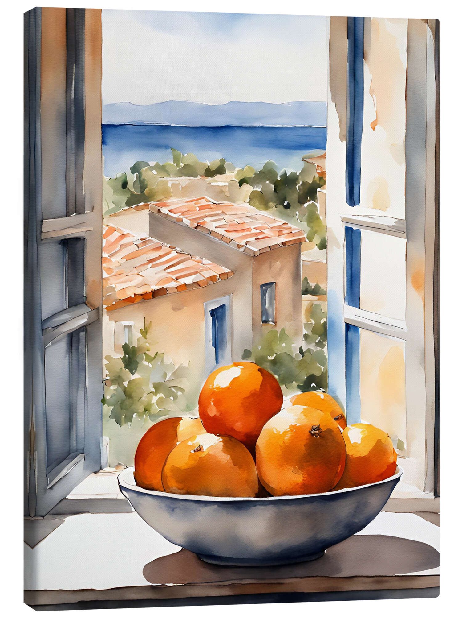 Posterlounge Leinwandbild Ohkimiko, Orangen in Schale mit mediterraner Aussicht, Mediterran Malerei
