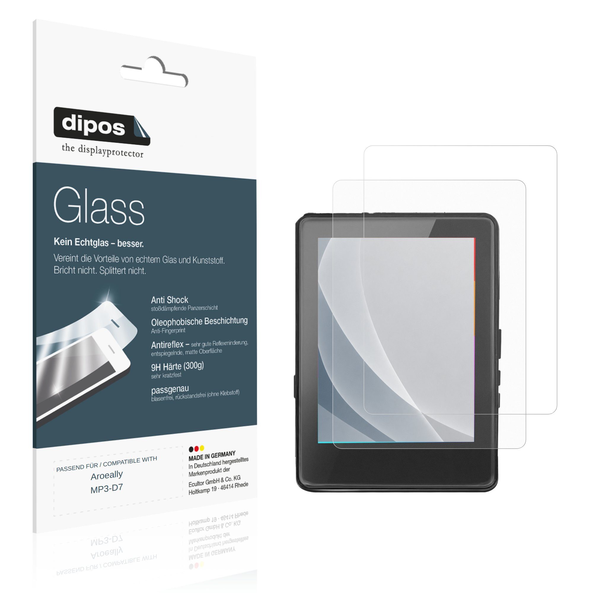 dipos Displayschutzfolie Schutzfolie für Aroeally MP3-D7, 2 Stück, Displayschutz Schutz Folie Made in Germany