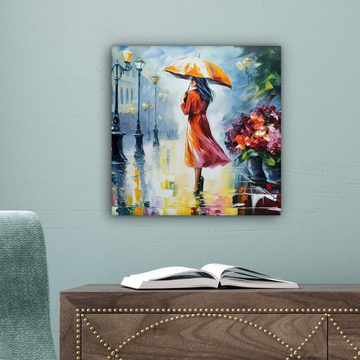 OneMillionCanvasses® Leinwandbild Ölgemälde - Regenschirm - Frau - Straße - Kunst, (1 St), Leinwand Bilder für Wohnzimmer Schlafzimmer, 20x20 cm