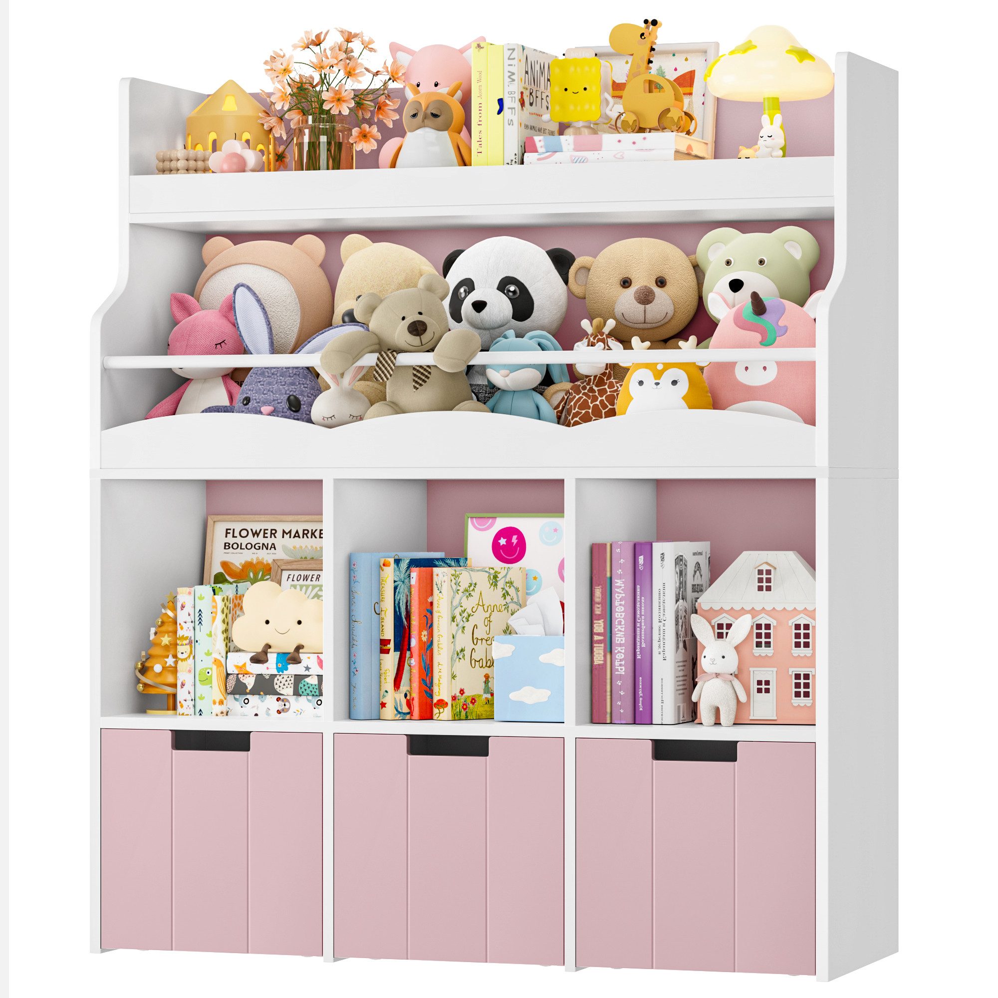 HOMECHO Spielzeugtruhe Kinderregal mit 5 Fächern und Rollschubladen, Weiß Kinderbücherregal für Schlafzimmer Kinderzimmer 110x100x30cm