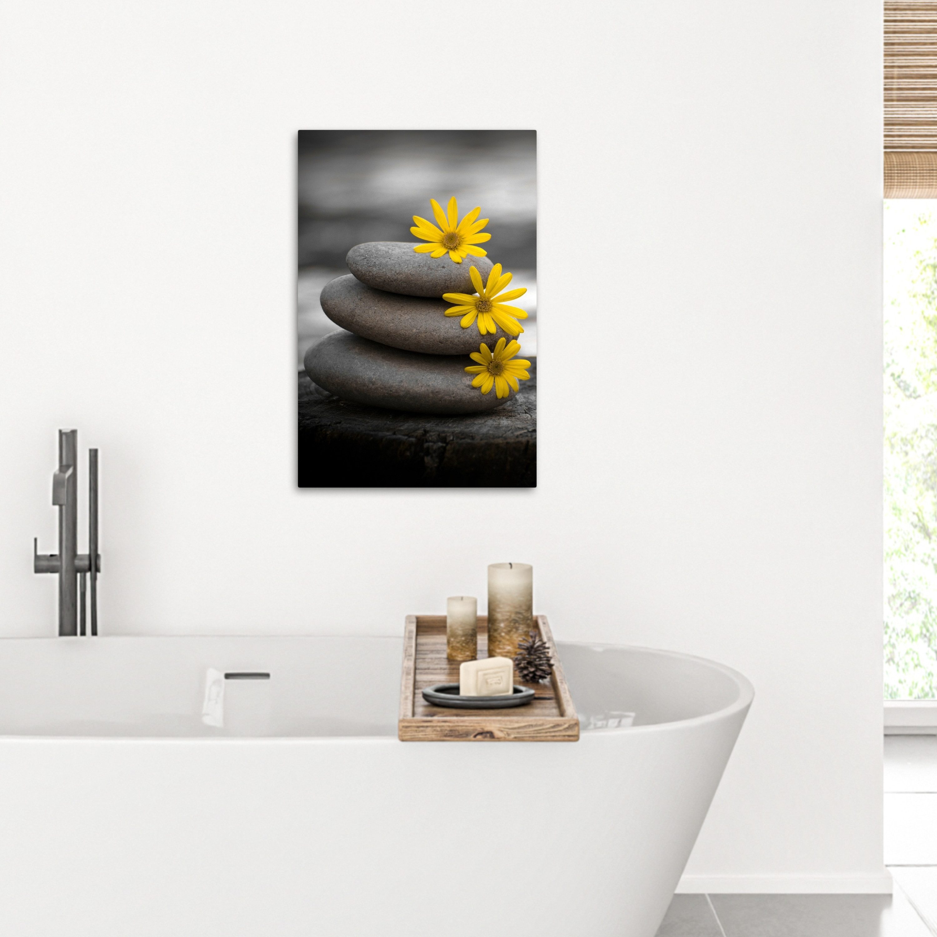 OneMillionCanvasses® Leinwandbild Zen-Steine - Blumen - Gelb - Natur, Fotodruck (1 St), Bilder für Badezimmer, Bad und Toiletten Deko, Bild WC 40x60 cm