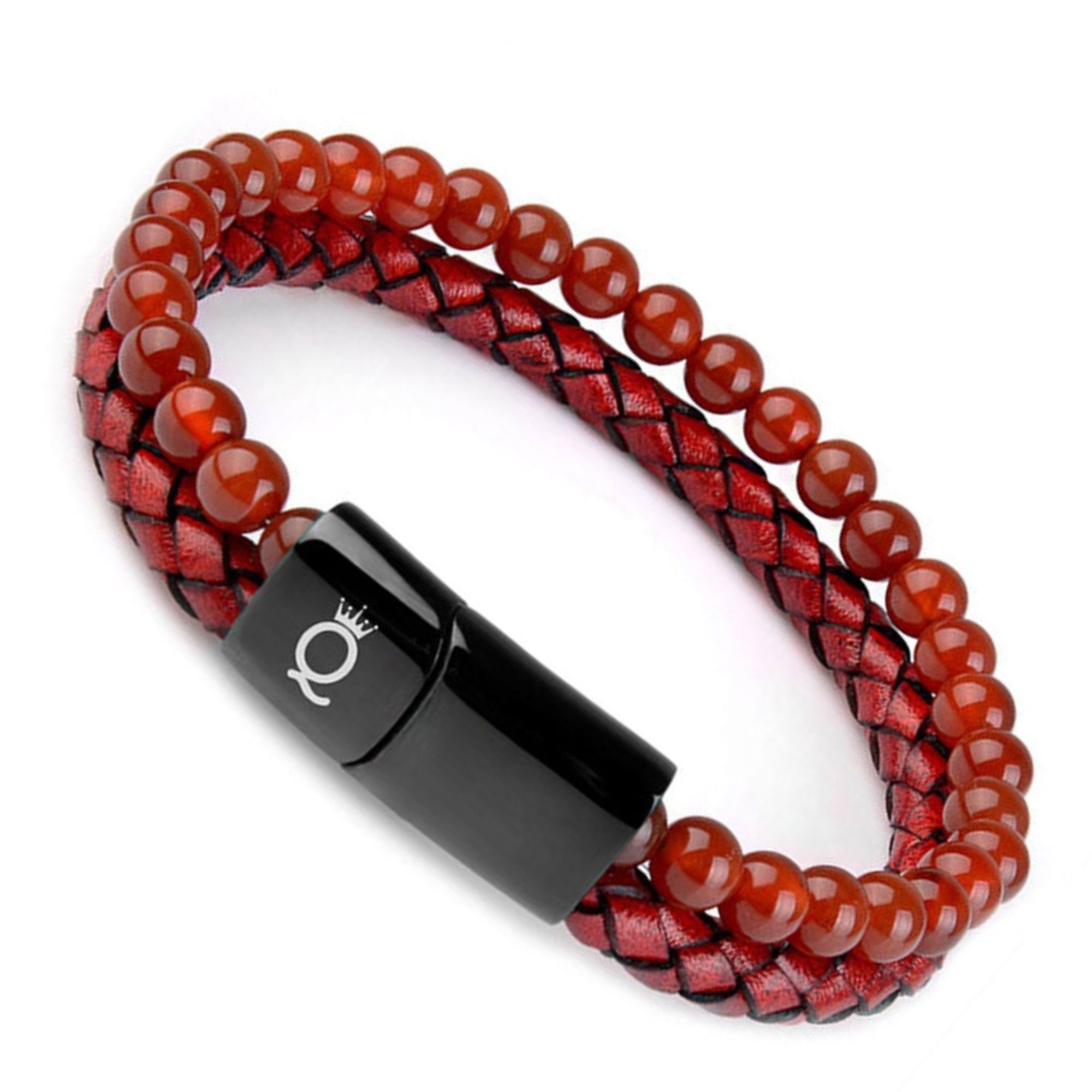 UNIQAL.de Lederarmband Lederarmband Herren "PASSION" Perlenarmband Naturstein Geflochten (Edelstahl, Echtleder, Casual Style, Handgefertigt), Designed in Germany Rot_Agate