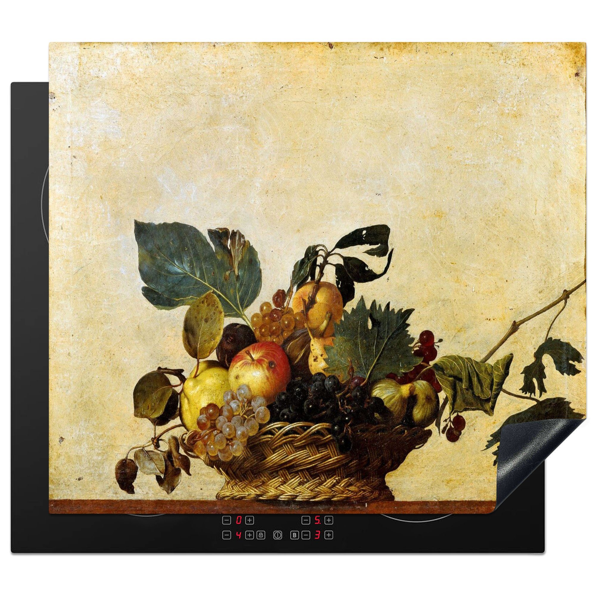 MuchoWow Herdblende-/Abdeckplatte Obstkorb - Gemälde von Caravaggio, Vinyl, (1 tlg), 60x52 cm, Mobile Arbeitsfläche nutzbar, Ceranfeldabdeckung