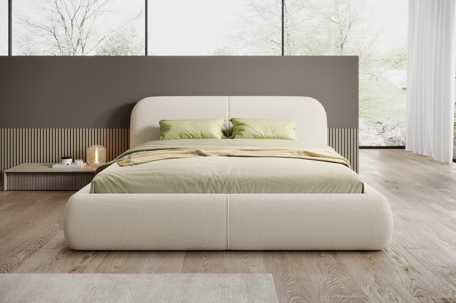 Compleo Polsterbett Doppelbett mit dicker Schaumstoffpolsterung, Premium Bett, Bouclé Bett, Elegant design fürs Schlafzimmer