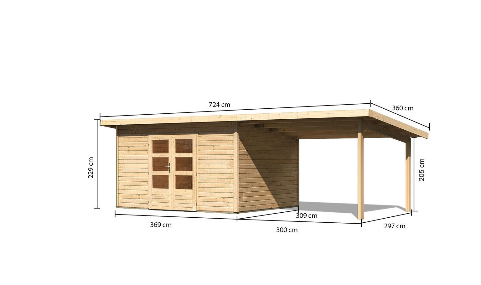 Karibu Gartenhaus Karibu Gartenhaus Northeim, 38 mm, 724 x 332 cm, Typ 4, natur, inkl. 3,3 m Anbaudach