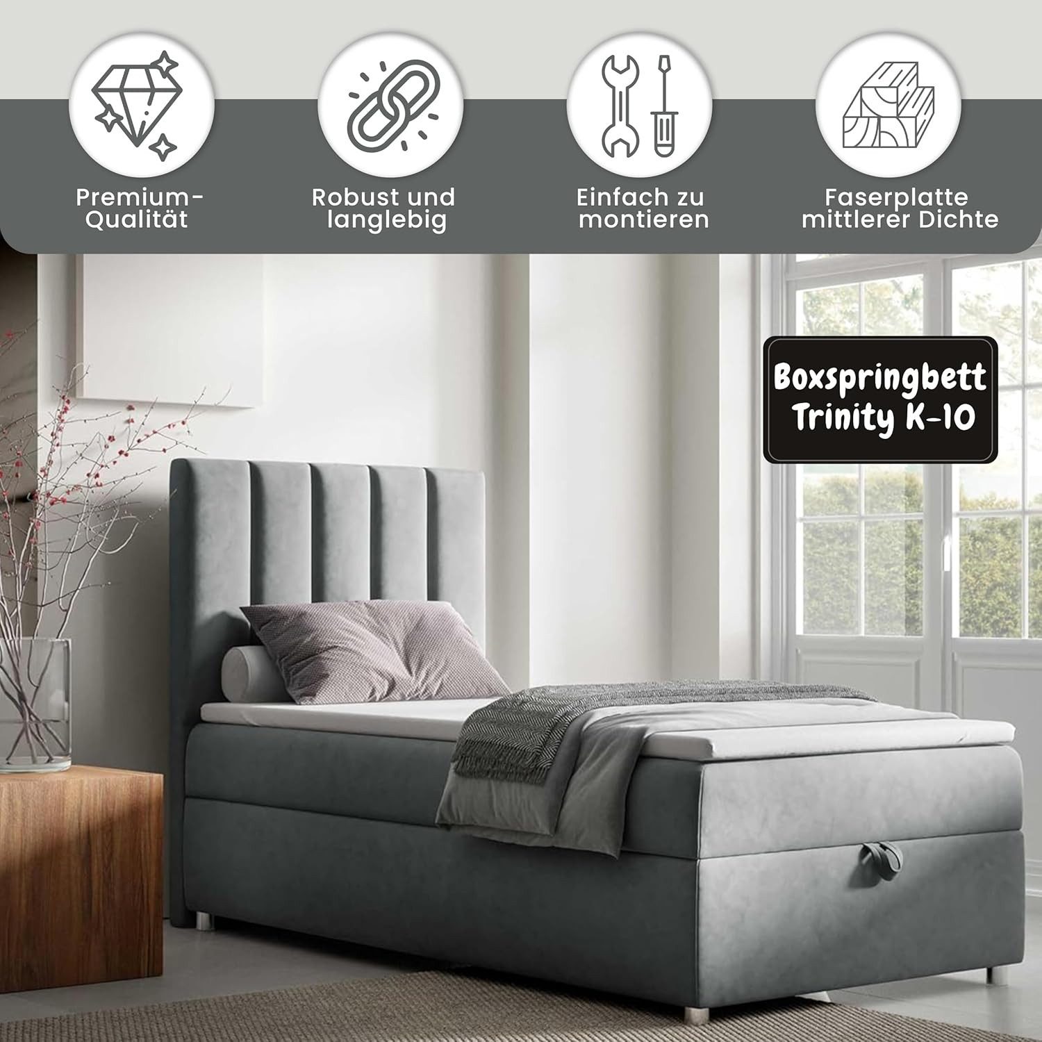 Best for Home Boxspringbett mit Bettkasten Trinity K-10 SINGLE Bonell-Matratze, Komfort Topper (Einzelbett, Polsterbett mit gepolstertes Kopfteil, Jugendbett, Kinderbett versch. Größen, 70x200 80x200 90x200 100x200 cm), Handwerksqualität, TOP Preis-Leistungs-Verhältnis