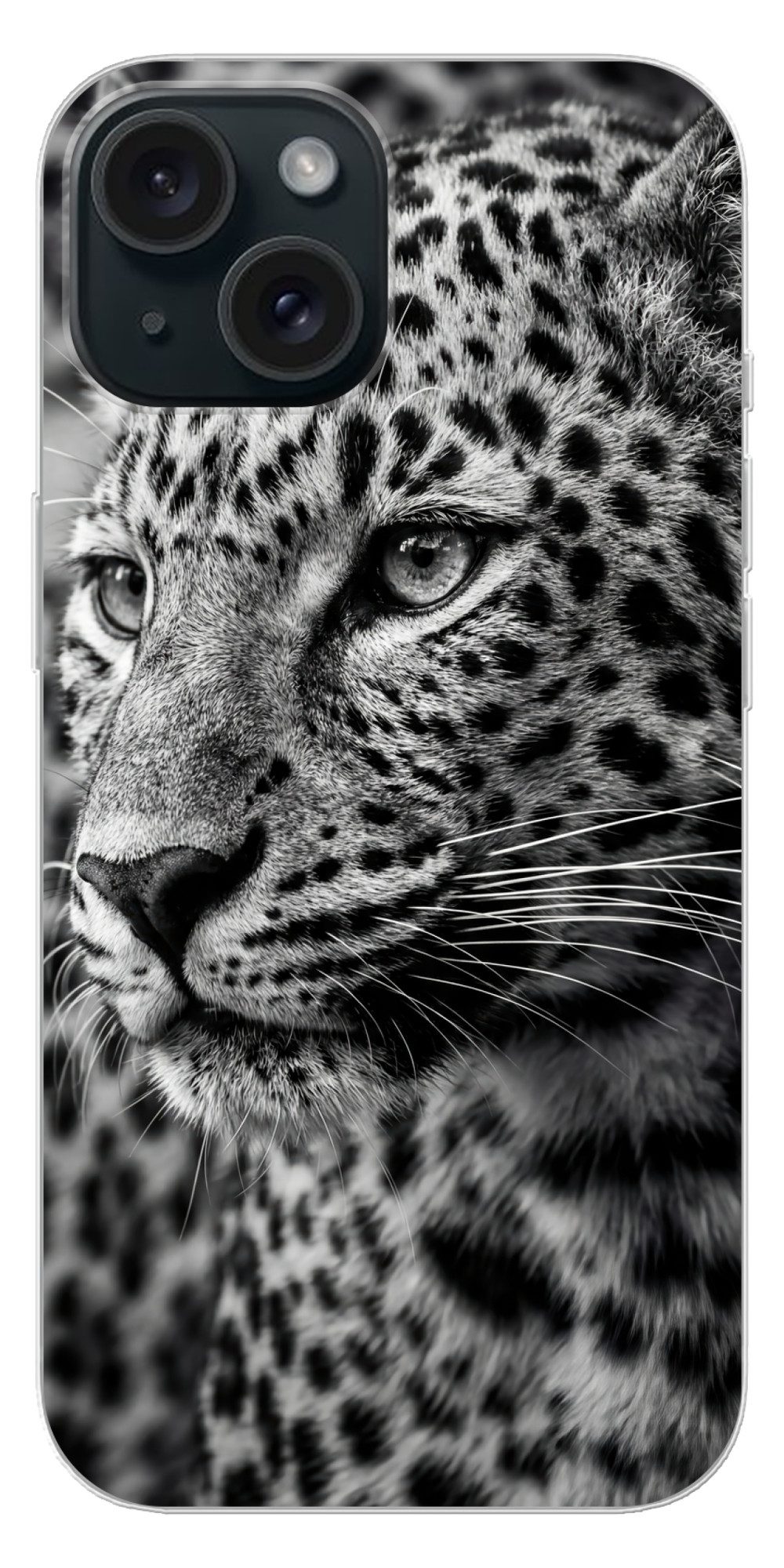 MuchoWow Handyhülle für Apple iPhone 15 Leopard - Schwarz - Weiß - Auge, Smartphone-Bumper, Print, Handy Schutzhülle Dünn