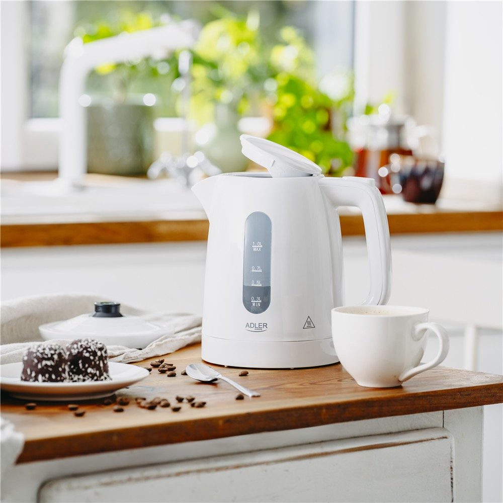 ADLER EUROPE Wasserkocher AD 1380w kompakt, schneller Reise Wasserkocher mit Kalkfilter, 1 l, 2200 W, Kunststoff, STRIX Sicherheitssystem, 360° Basis, Camping, Hotel weiß