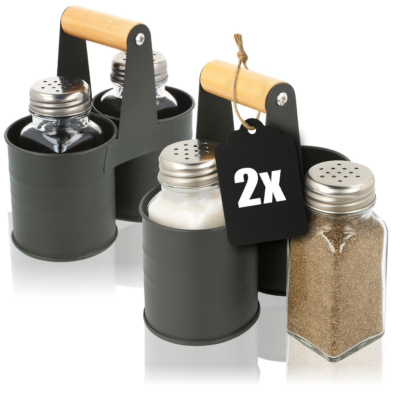 com-four Salz- / Pfefferstreuer Gewürzstreuer aus Glas, (2-tlg), Salz und Pfefferstreuer mit Halterung aus Metall