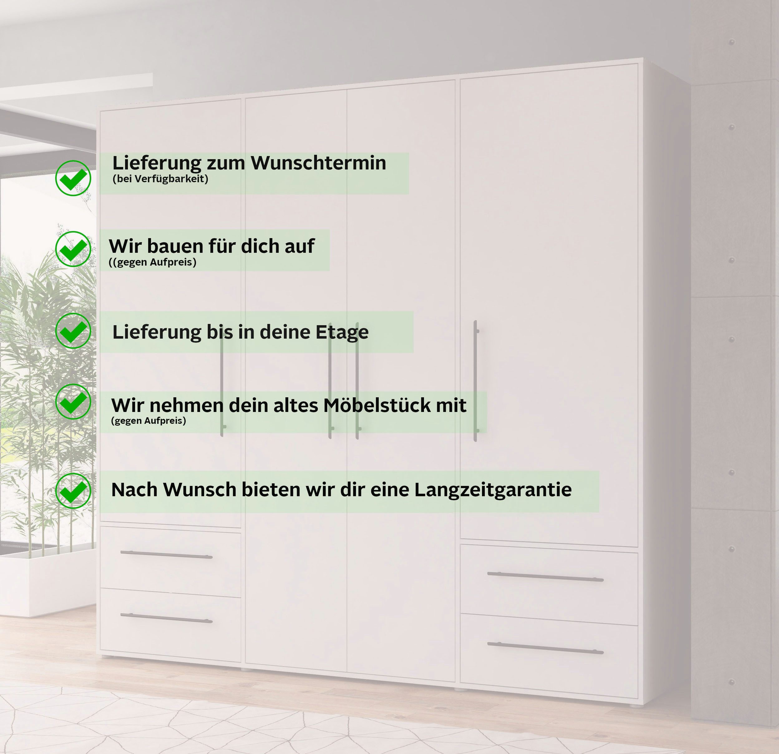 FORTE Kleiderschrank Mokkaris,Topseller, zeitloses Design, 3–4 Türen, Made in Europe (B/H/T ca. 145x200x59cm oder 206x200x59cm) Schubladen + schwarze Stangengriffe, Made in Europe, viel Stauraum