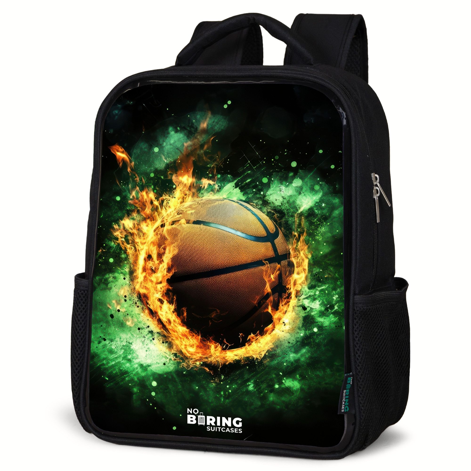 NoBoringSuitcases.com© Rucksack Basketball in Flammen und explosiver Energie, Kinderrucksack Schwarz, Schulrucksack, Freizeitrucksack Jungen Mädchen